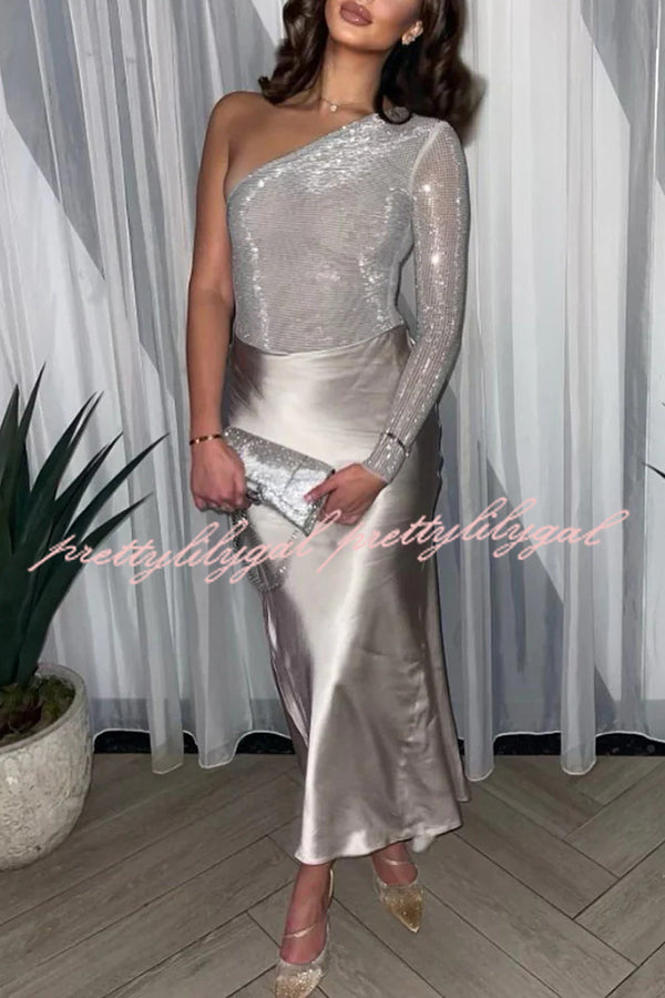 Elegant Solid Color Sequined One Shoulder Slim Fit Romper for Women - Perfect for Parties, Night Out, and Special Occasions
