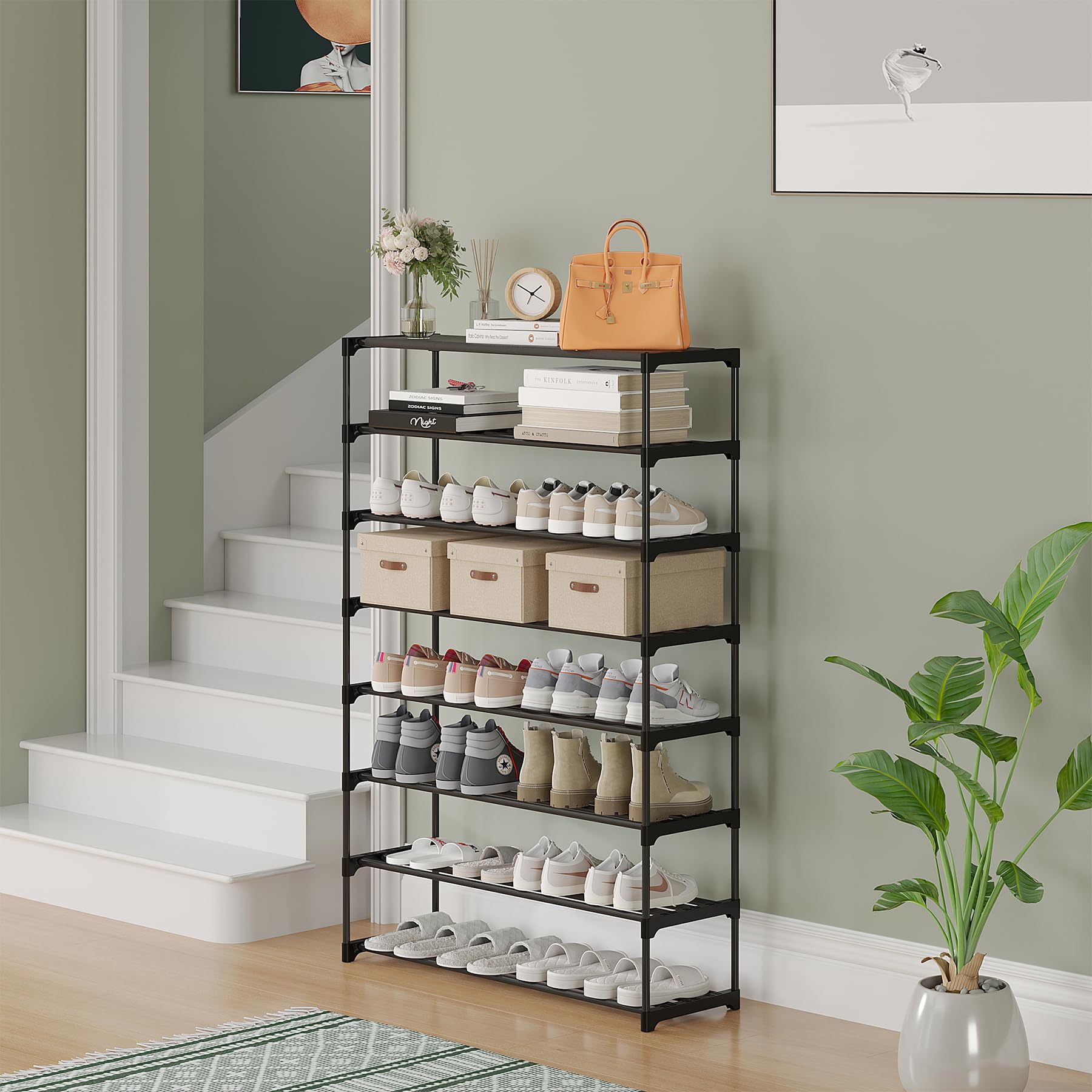 Calmootey 8-Tier Shoe Rack - Large Capacity Organizer Holds 40 Pairs | Stackable Shoe Shelf for Entryway & Hallway | Space-Saving Black Shoe Storage Solution for Home, Apartment & Closet Organization