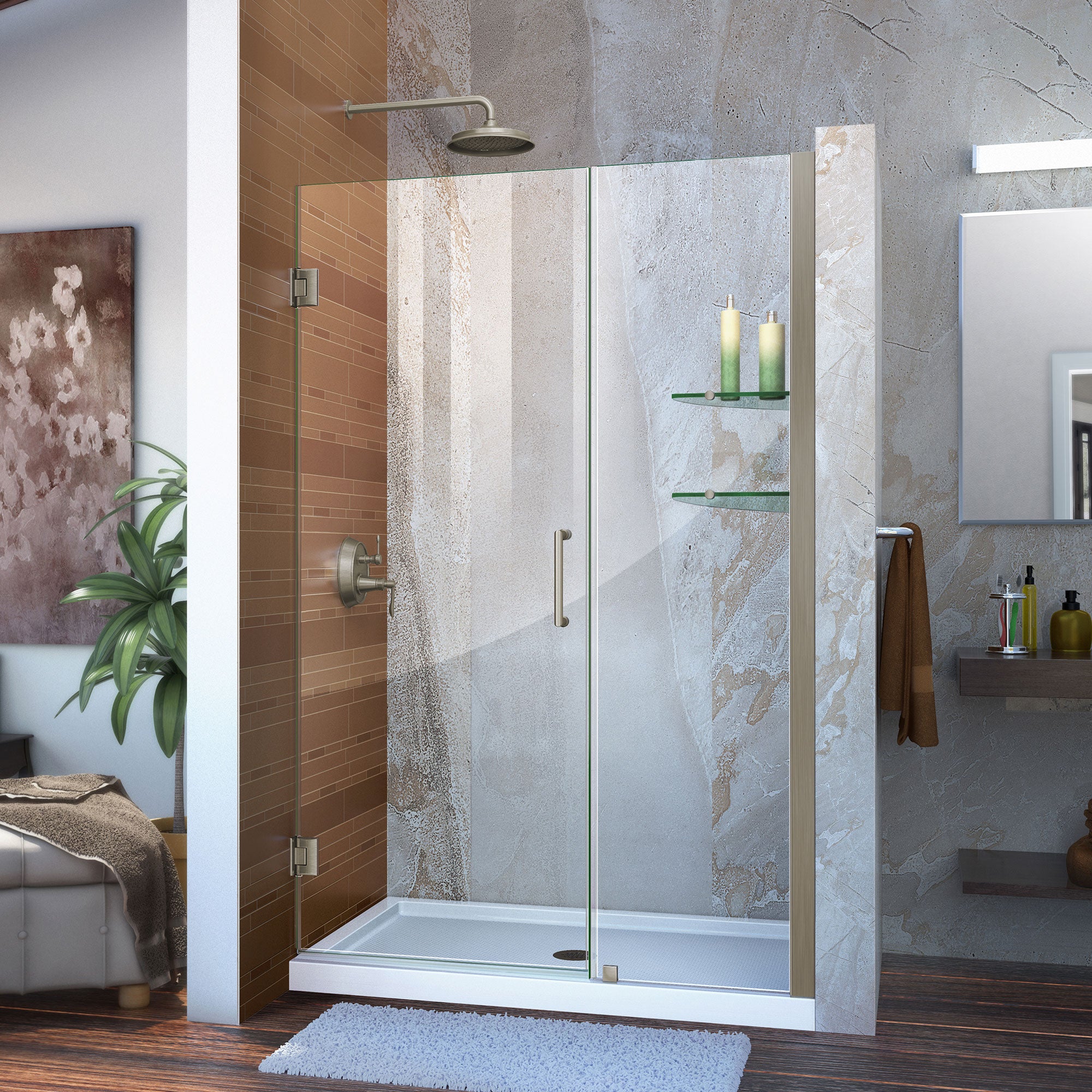 DreamLine Unidoor 41 42 in. W x 72 in. H Frameless Hinged Shower Door with Shelves - Clear Tempered Glass for Bathroom & Walk-In Shower - Modern Spa Style Enclosure for Home Renovation