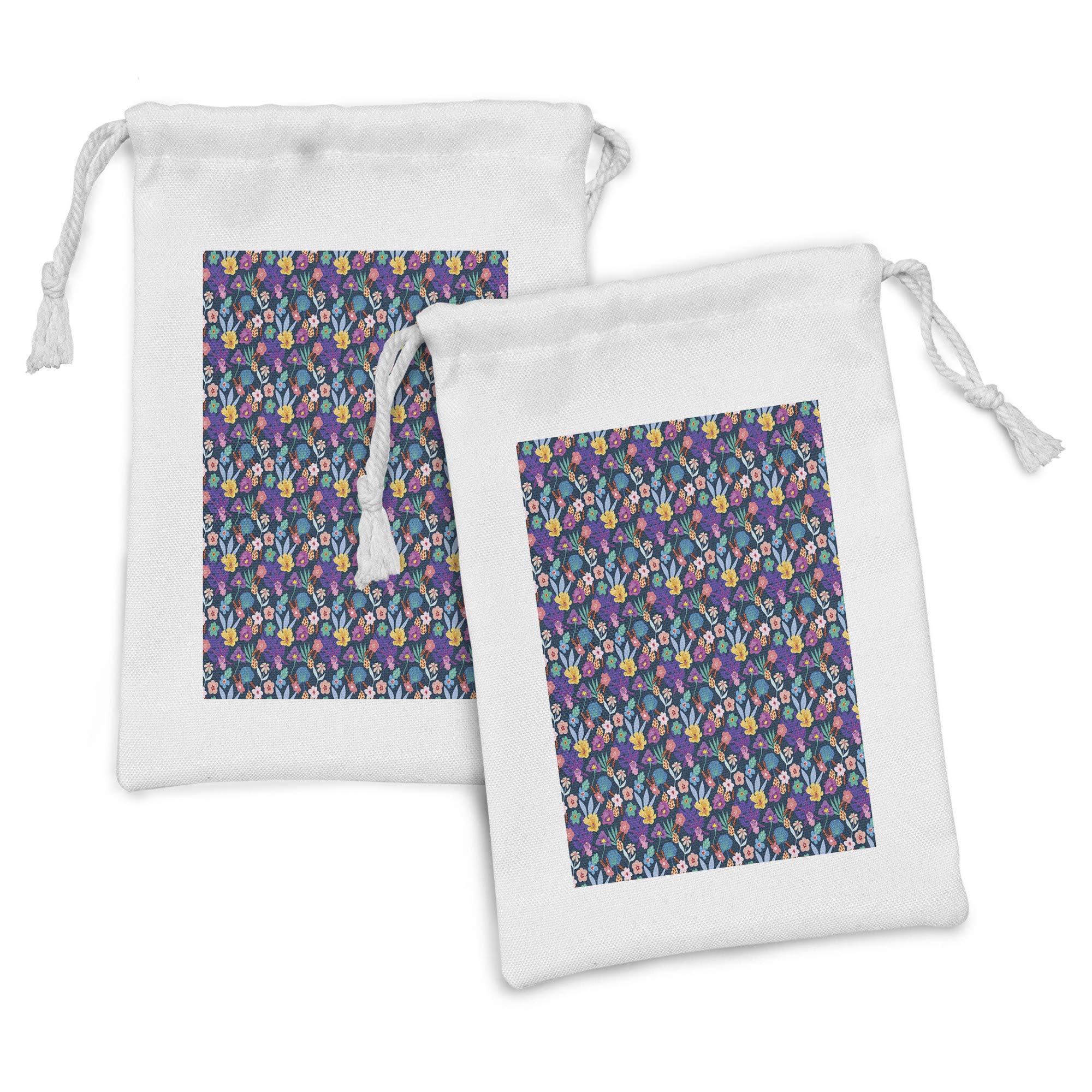 Ambesonne Floral Fabric Pouch Set of 2 - Tropical Flowers & Leaves Drawstring Bags for Toiletries, Masks, Jewelry & Travel Essentials (9