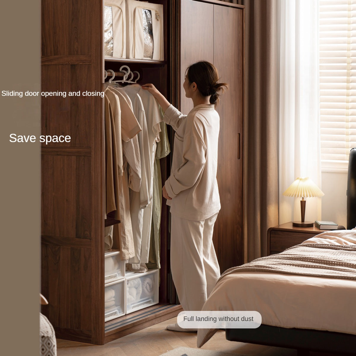 Premium Black Walnut Solid Wood Sliding Door Wardrobe Closet - Modern Bedroom Storage Solution for Home & Office Organization