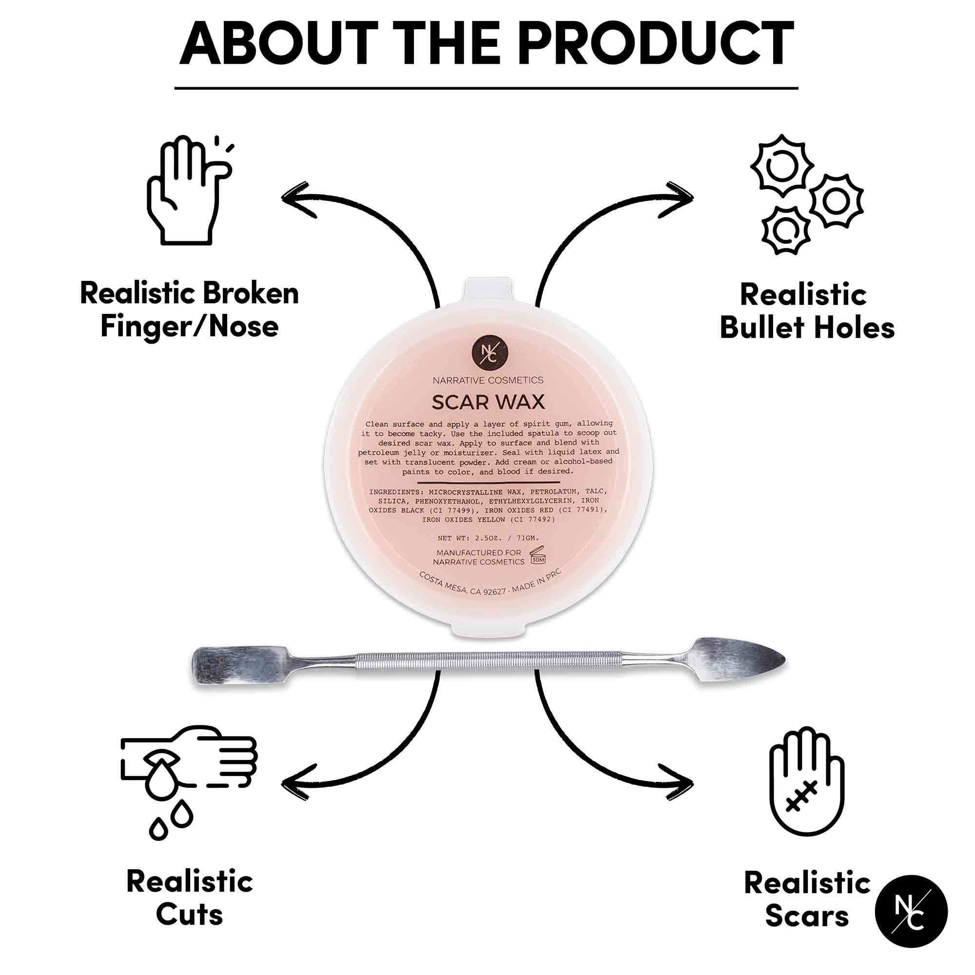 Scar Wax with Double Ended Spatula - Professional Moldable Wax for Realistic Cuts, Bruises & Special Effects Makeup - Perfect for Halloween, Cosplay & Theater Productions