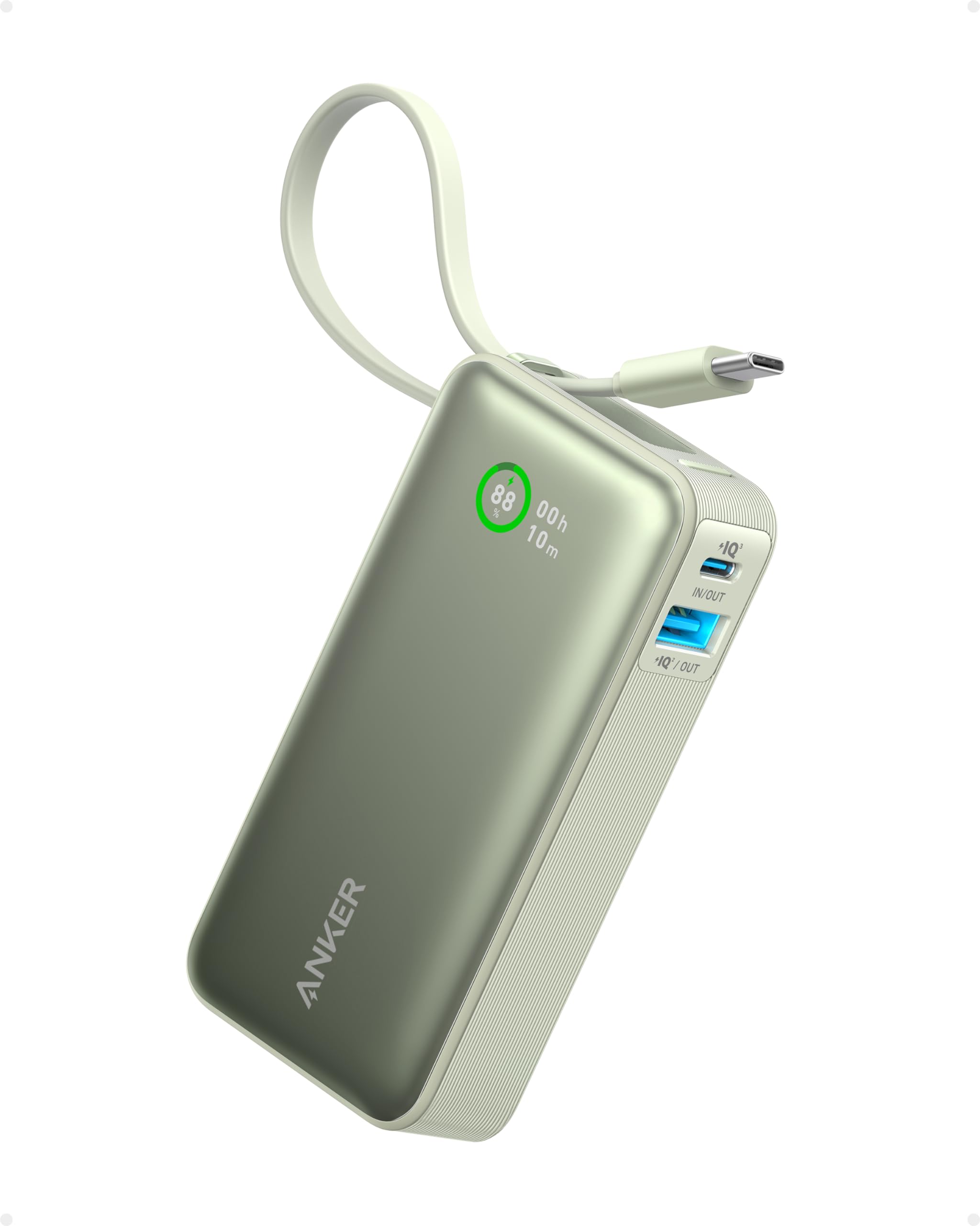 Anker Nano 10,000mAh Power Bank with Built-In USB-C Cable - 30W PD Fast Charging Portable Charger for iPhone 16/15, Galaxy S24/S23, iPad, AirPods - Compact External Battery Pack for Travel, Camping & Emergency Charging