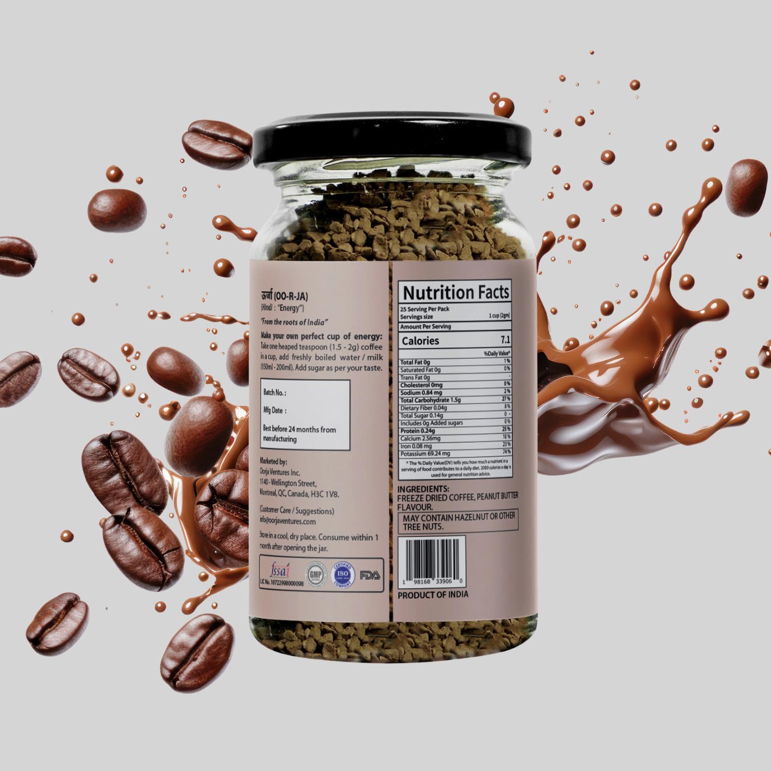 OORJA Peanut Butter Flavored Instant Coffee Granules - 100% Arabica Medium Roast Freeze Dried Coffee for Hot & Iced Drinks, 25 Servings | Perfect for Office, Travel & Home Brewing