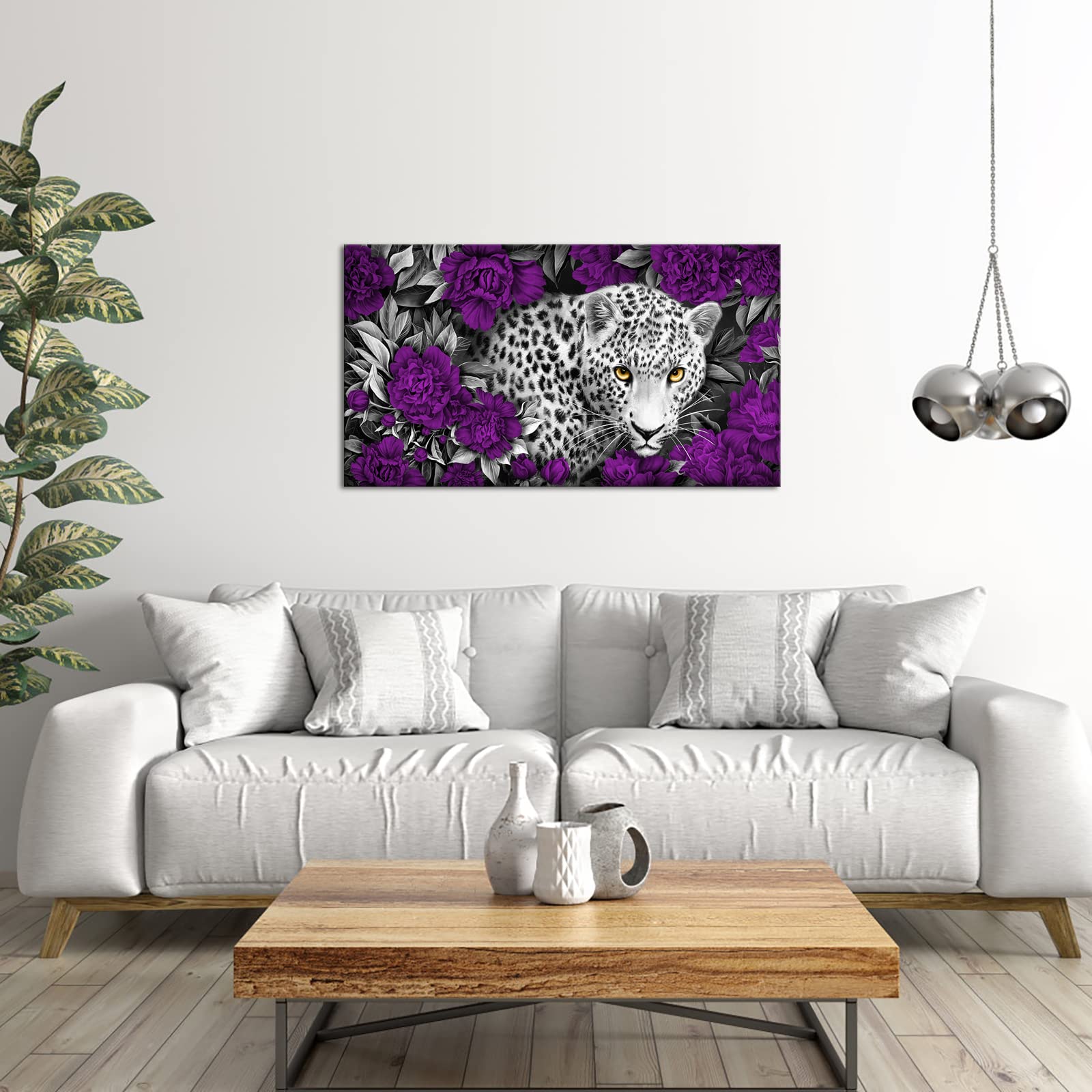 Leopard Floral Canvas Art - Purple Flower Wildlife Painting for Living Room & Bedroom Decor