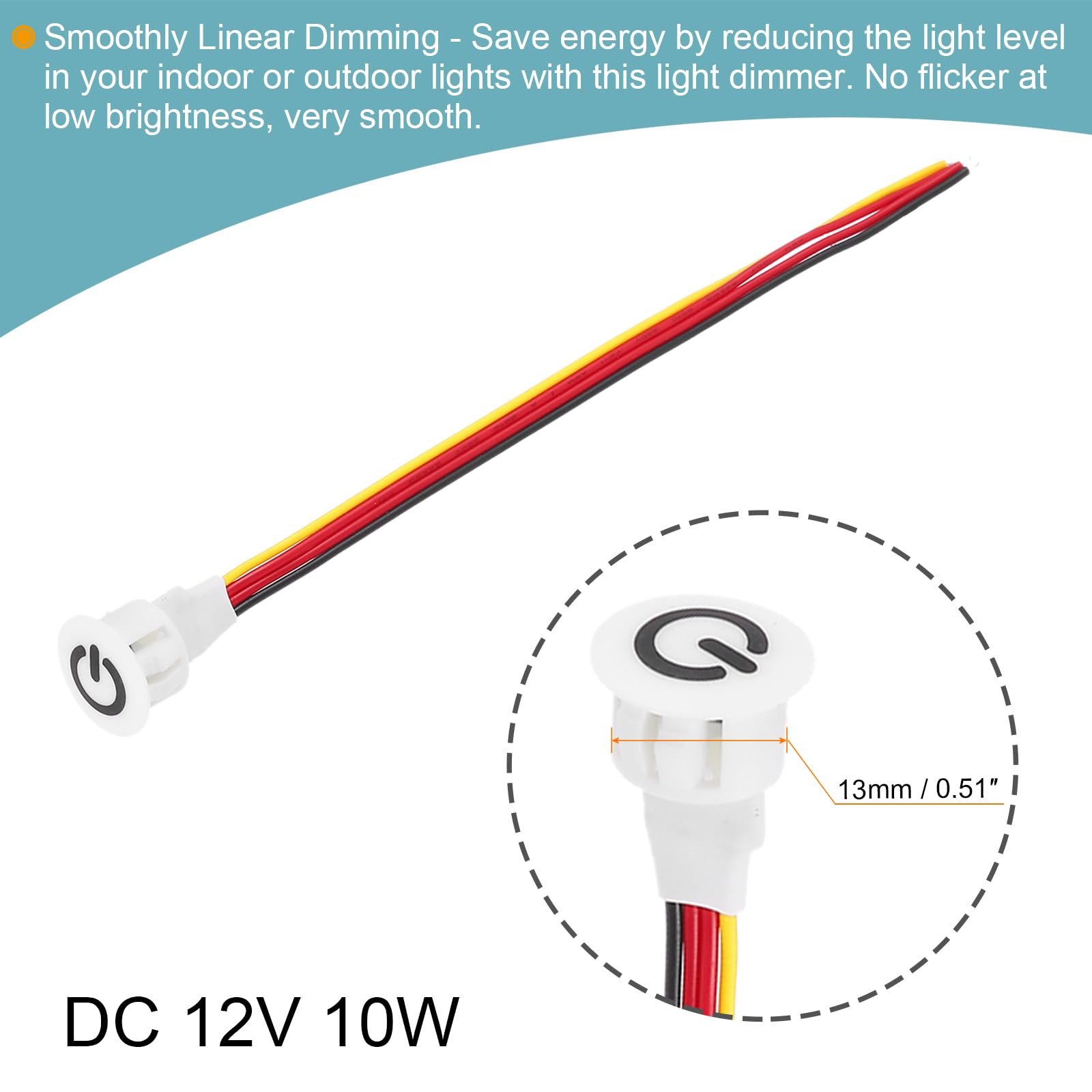 12V DC Touch Dimmer Switch - 13mm Snap-in Mount White LED Light Strip Dimmer for Home, Kitchen, Bedroom & Office Lighting Control