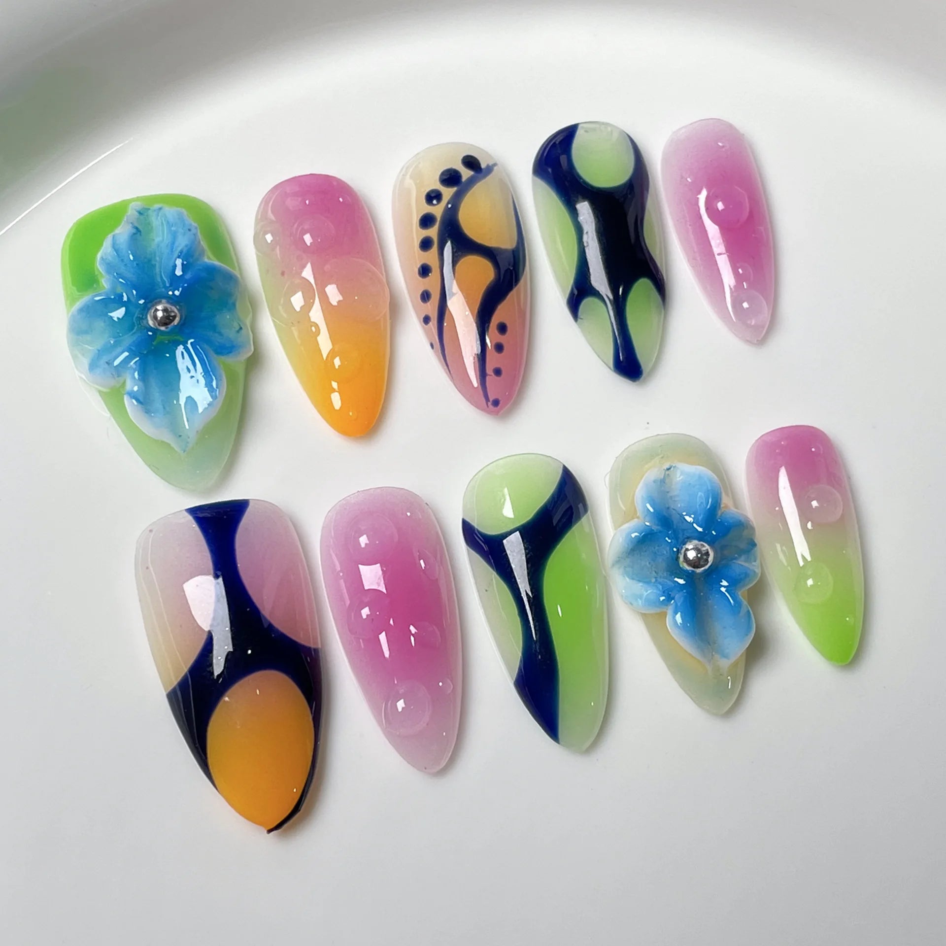 10Pcs Almond Press on Nails - Leopard Print & 3D Flower French Fake Nails - Artificial Acrylic Manicure Tips for Women - Perfect for Parties, Weddings & Daily Beauty Wear