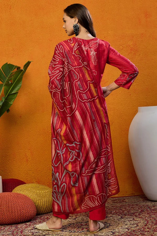 Elegant Red Silk Blend Floral Printed Straight Suit Set for Women | Office Wear & Formal Occasions | Perfect for Business Meetings, Weddings & Special Events