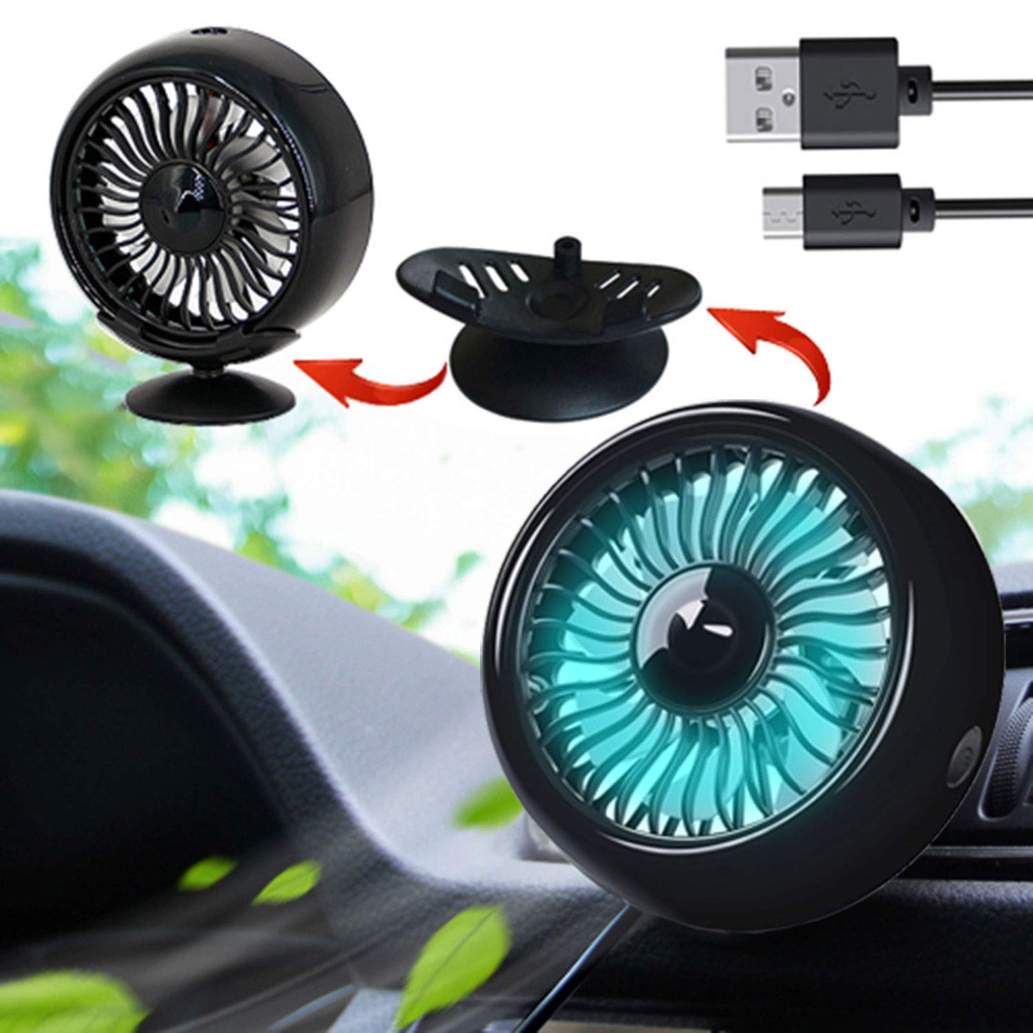 Kwak's Mini Car Vent Fan with LED Light - ABS Portable Cooling Fan for Car, Home & Office - Black - Perfect for Travel, Work & Indoor Cooling