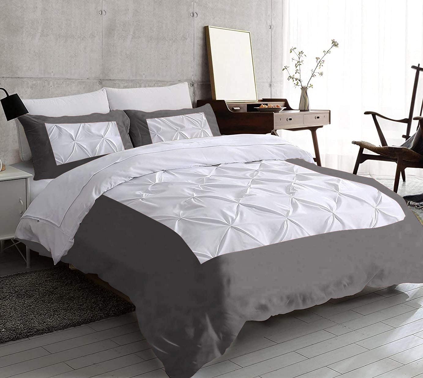 Luxury Two-Tone Pinch Pleated Duvet Cover - 100% Egyptian Cotton 800 Thread Count with Zipper & Corner Ties - Super King Size (White/Dark Grey) - Elegant Bedroom Decor for Master Suite or Guest Room