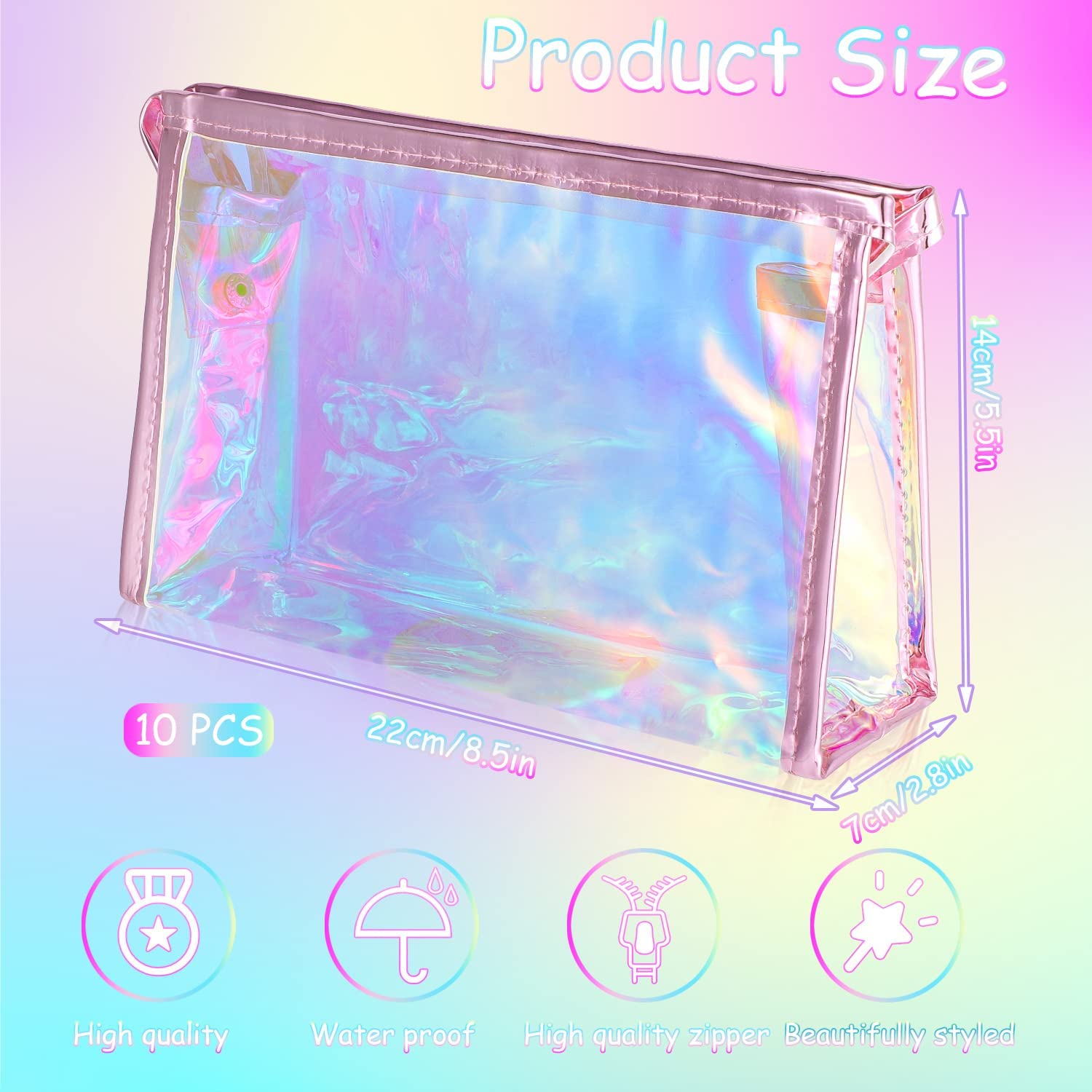 BESARTE 10 Pack Holographic Makeup Bags - Waterproof Clear Cosmetic Toiletry Bags with Zipper, Perfect for Travel, Bridal Shower, Wedding Gifts for Bride & Bridesmaids, Mother's Day Gifts for Women - Bulk Set of 10