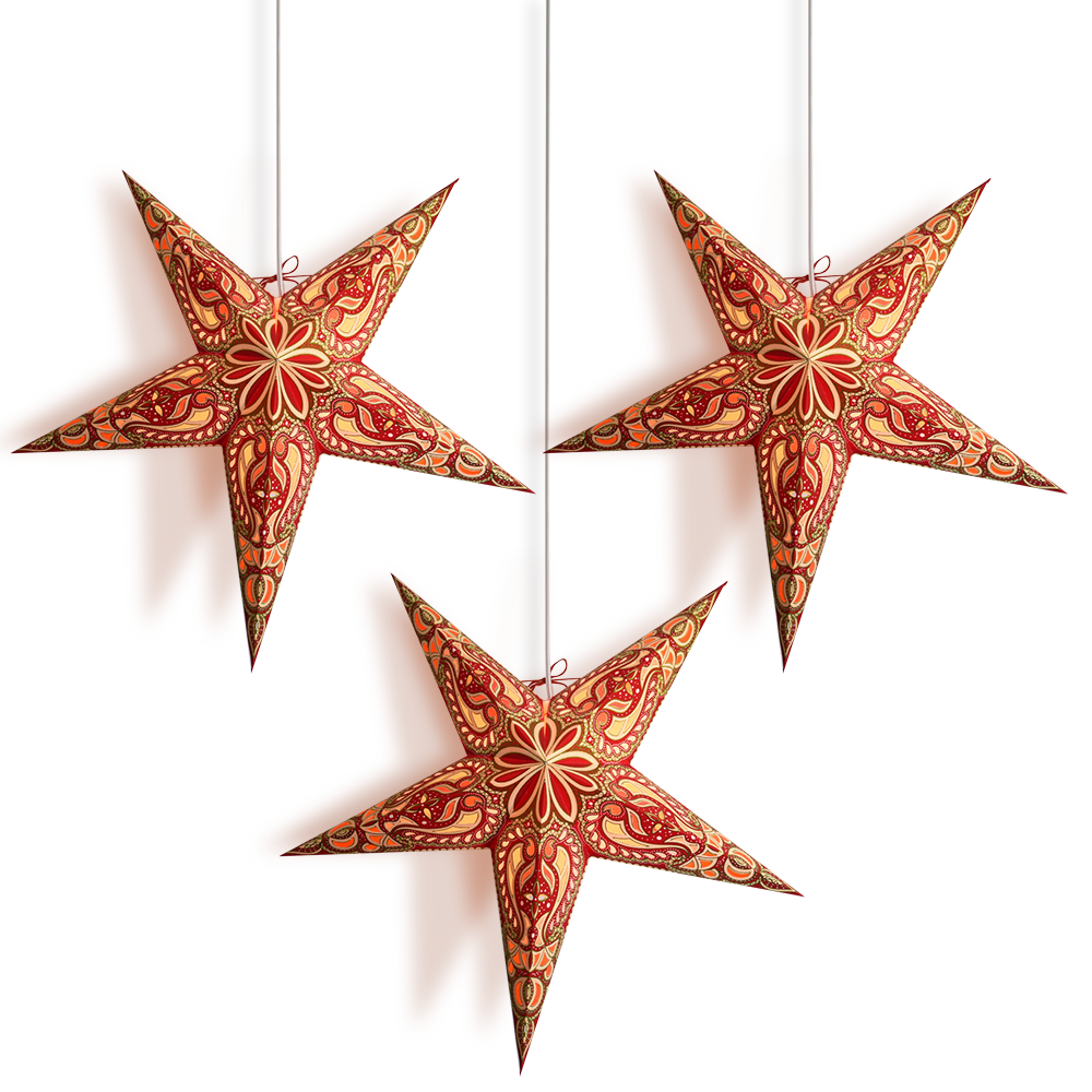 3 Pack 24 Inch Red Green Alaskan Glitter Paper Star Lanterns with LED Bulbs & Cord - Christmas Party Decor, Holiday Home Lighting, Wedding Centerpiece, Outdoor Patio Decorations