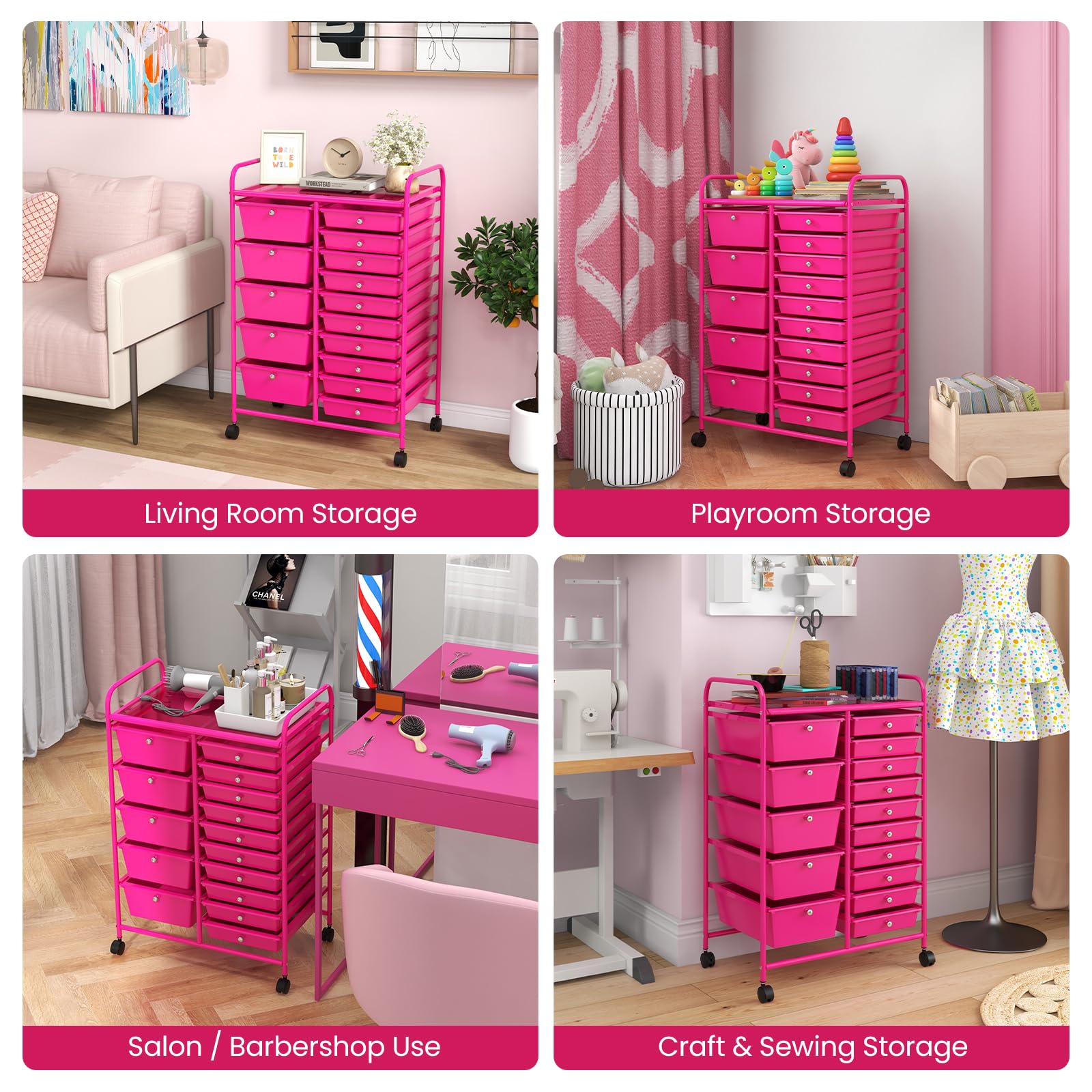 15-Drawer Rolling Storage Cart with Lockable Wheels - Multipurpose Craft Organizer for Tools, Arts, Scrapbooking, Papers - Perfect for Home, Office & School Use (Hot Pink) - Ideal for Craft Rooms, Classrooms & Workspaces
