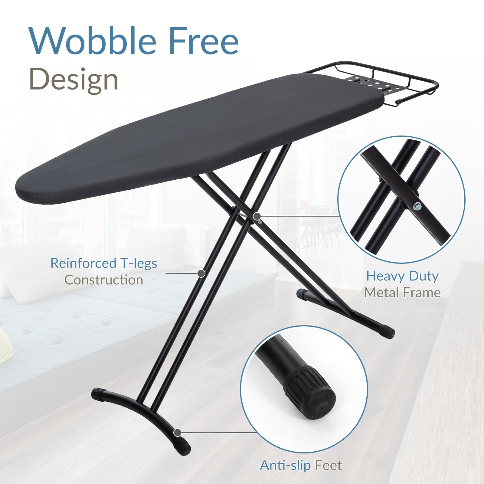 Premium Heavy Duty Ironing Board 48x15 Inches with Retractable Iron Rest - Extra Wide Sturdy Frame, Thick Padding Cover & Height Adjustable - Perfect for Home, Laundry Room or Tailor Shop (Black)