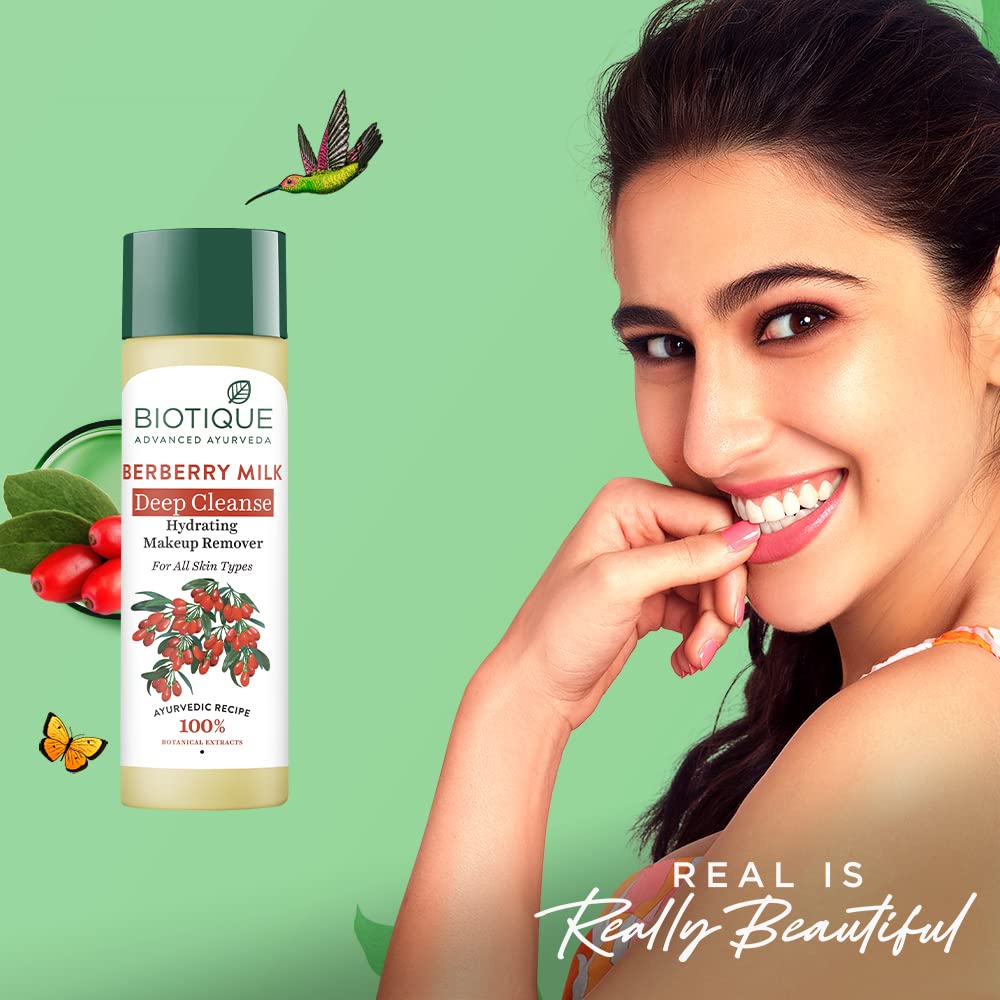 Biotique Berberry Milk Deep Cleanse Hydrating Makeup Remover for All Skin Types - 120ml | Gentle Facial Cleanser for Daily Use, Travel-Friendly Skincare Essential