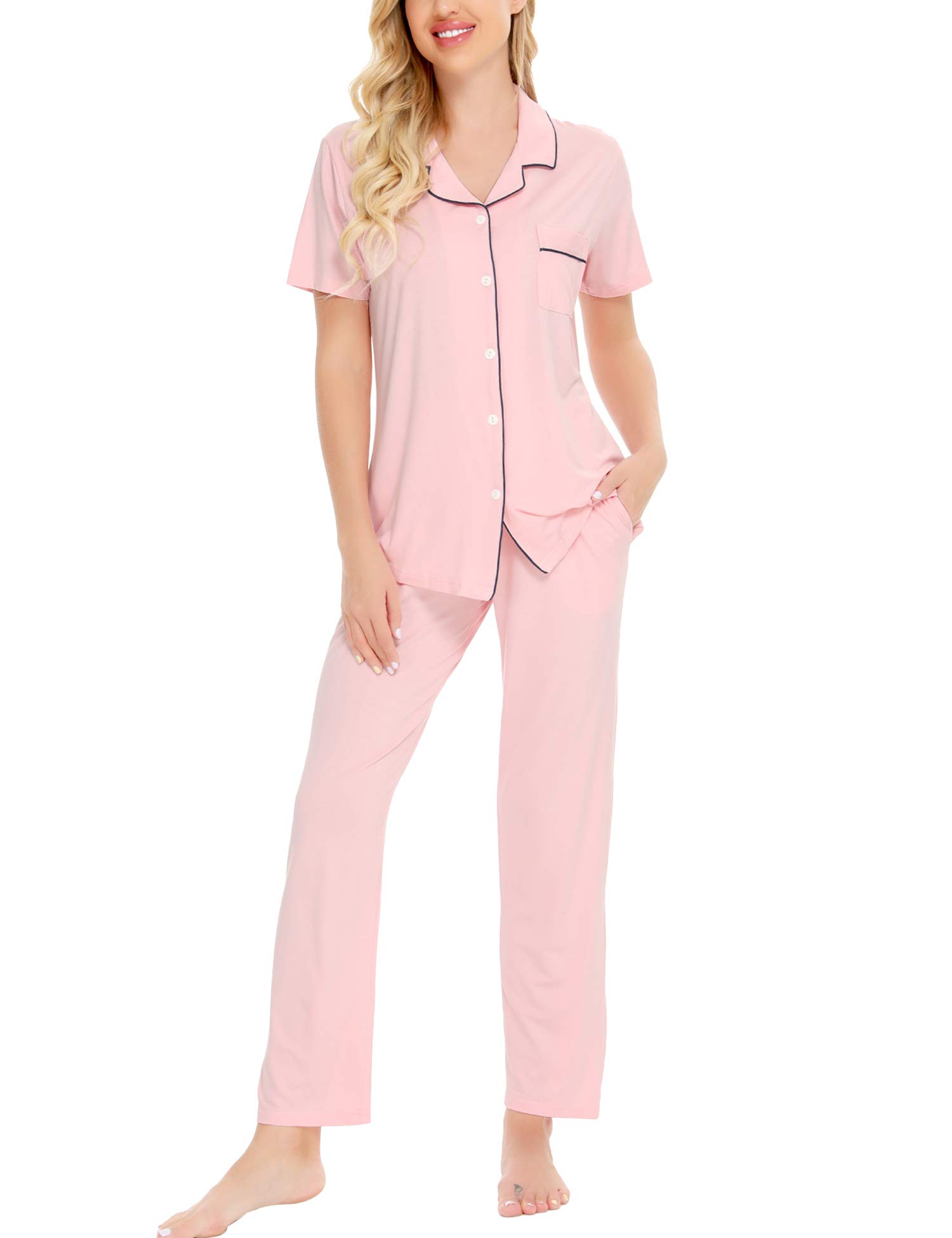 SWOMOG Women's 2-Piece Pajama Set - Soft Short Sleeve Button Down Sleepwear & Lounge Pants Set | Comfortable Nightwear for Home, Travel & Relaxation