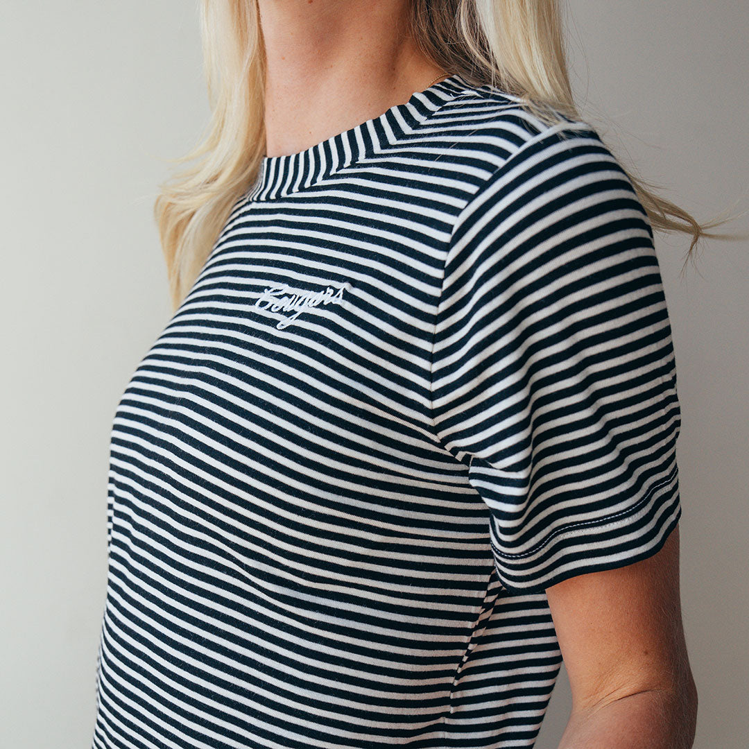 BYU Boyfriend T-Shirt - Black and Ivory Striped Cotton Tee for Women - Casual Loungewear & Everyday Outfits