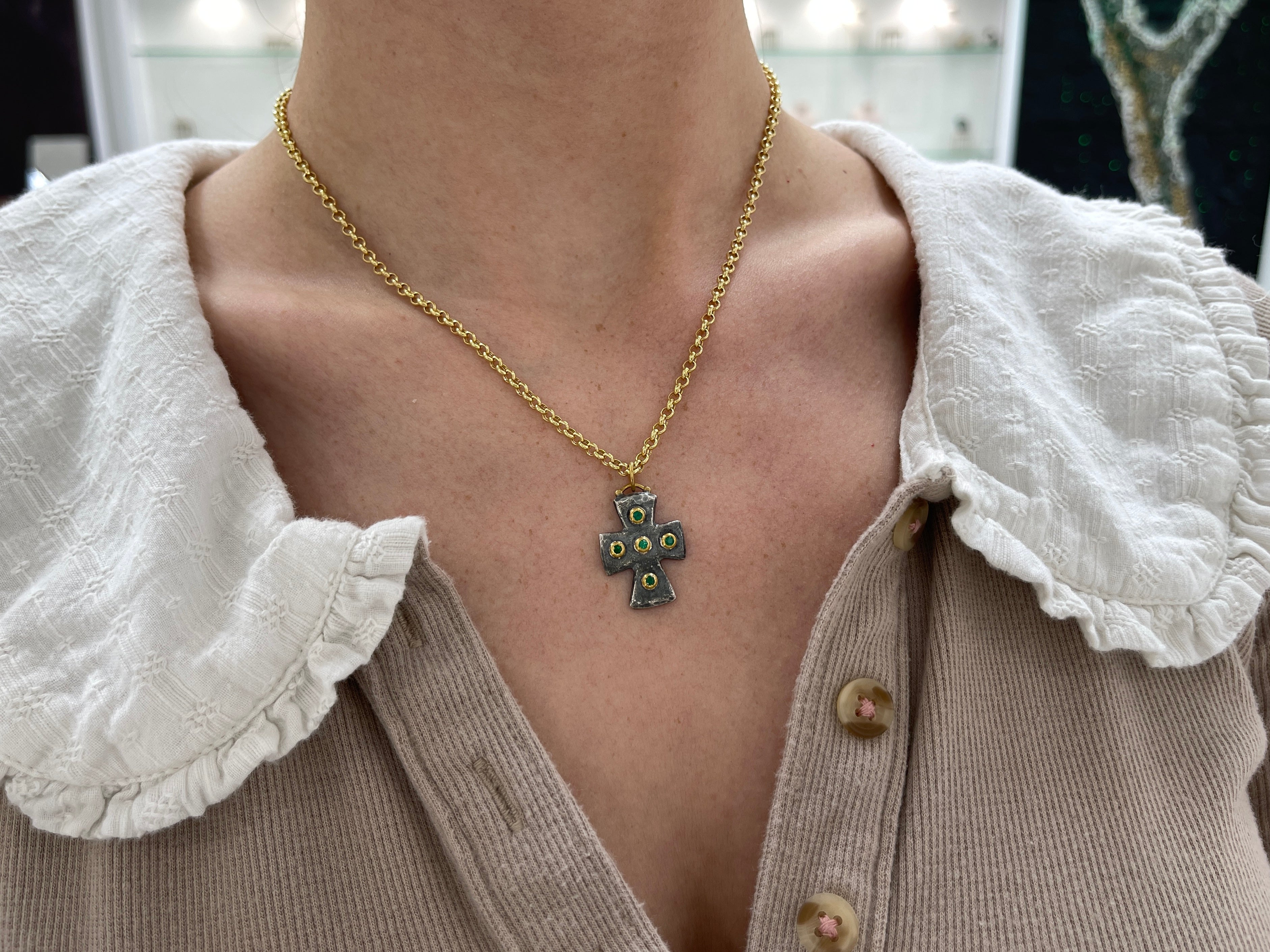 0.18tcw Byzantine 24K Gold & Sterling Silver Emerald Cross Pendant Necklace for Women - Elegant Religious Jewelry Gift for Baptism, First Communion & Christmas