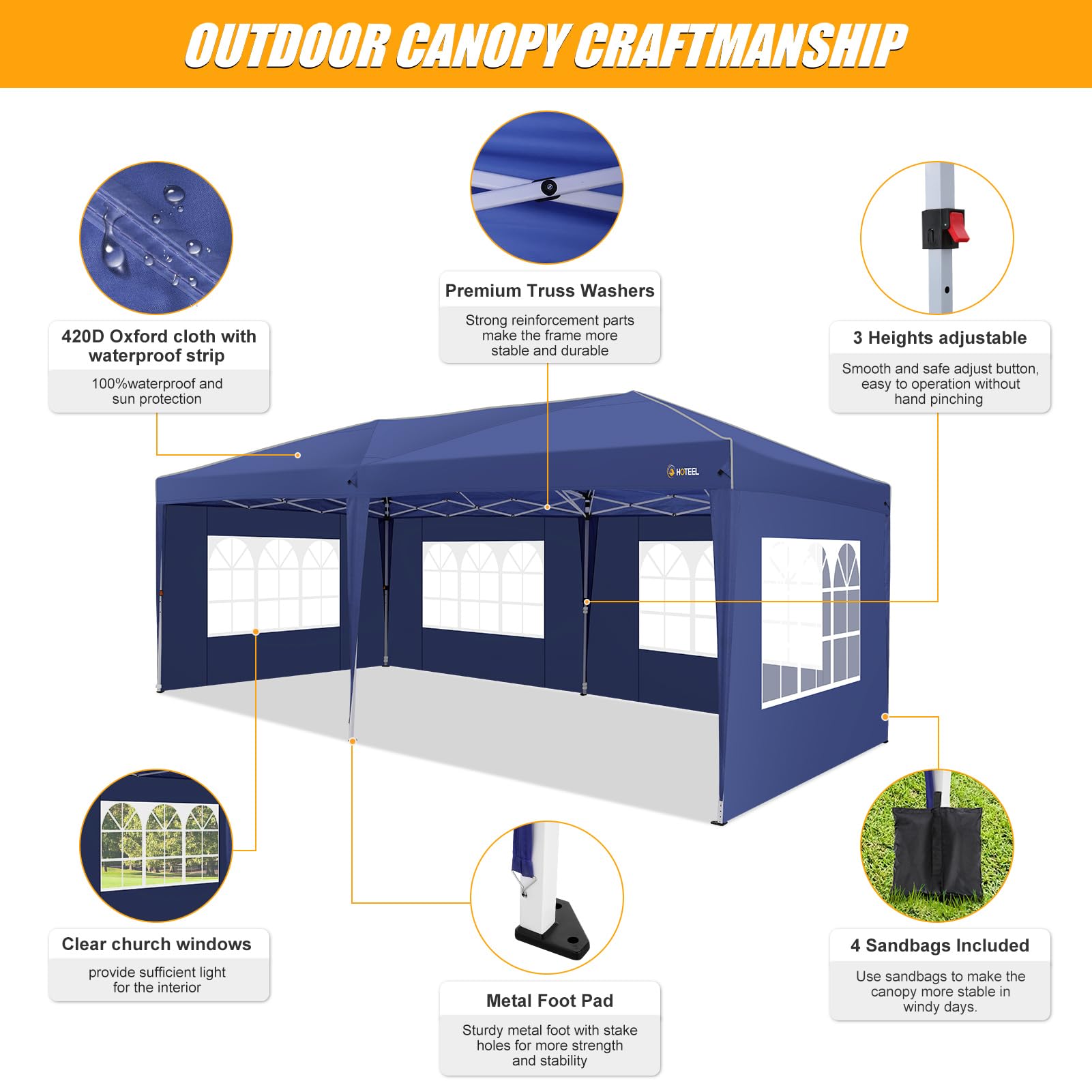 HOTEEL 10x20 Pop Up Canopy Tent with Sidewalls - Waterproof Instant Shelter for Outdoor Events, Easy One-Push Setup with Reinforced Poles & Sandbags - Perfect for Backyard Parties, Camping, Farmers Markets, Festivals (Navy Blue)