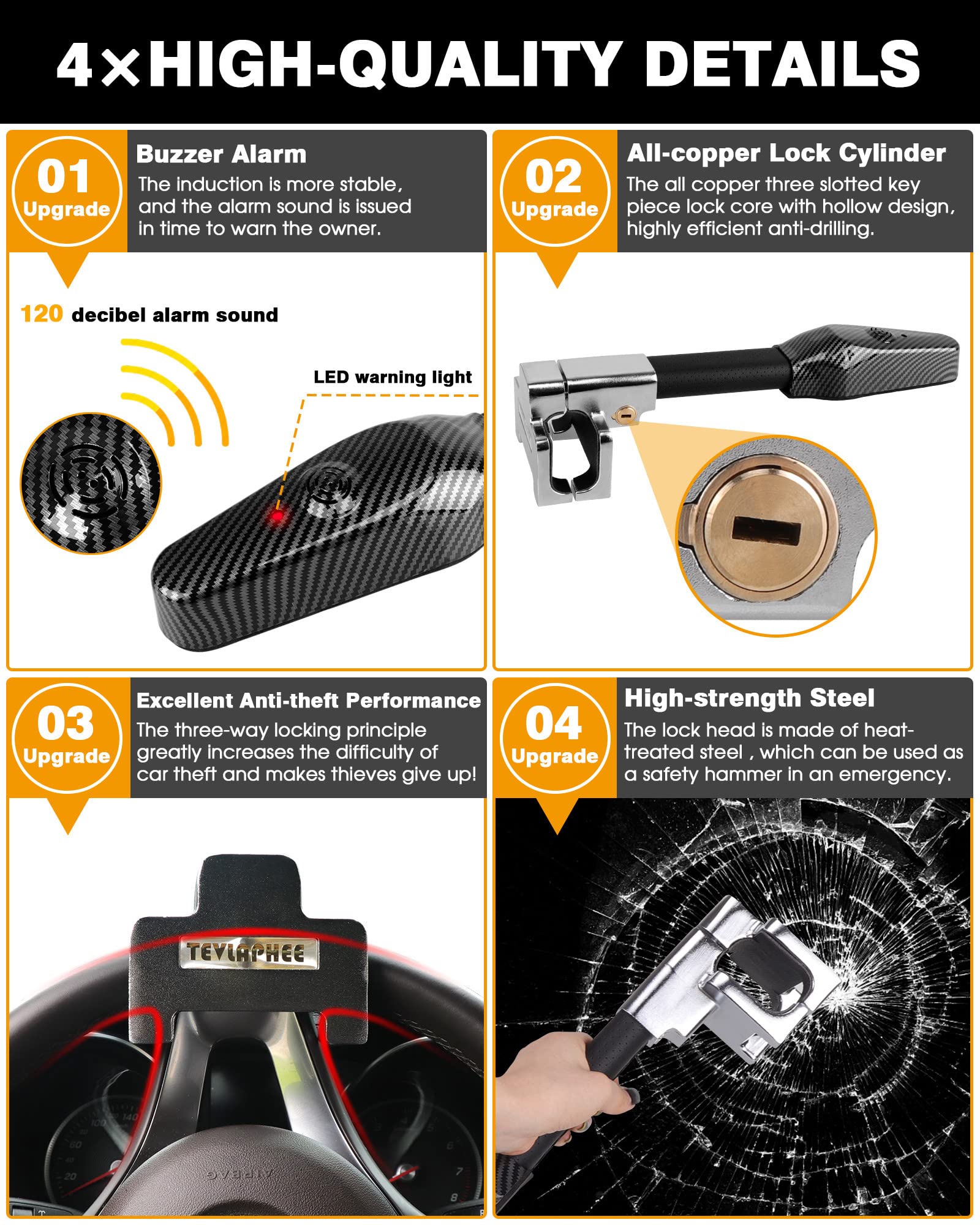 Tevlaphee Heavy Duty Steering Wheel Lock with Alarm - Anti-Theft Car Security Device, Universal Fit for Vehicle, Truck, Van, SUV - Perfect for Parking and Overnight Protection