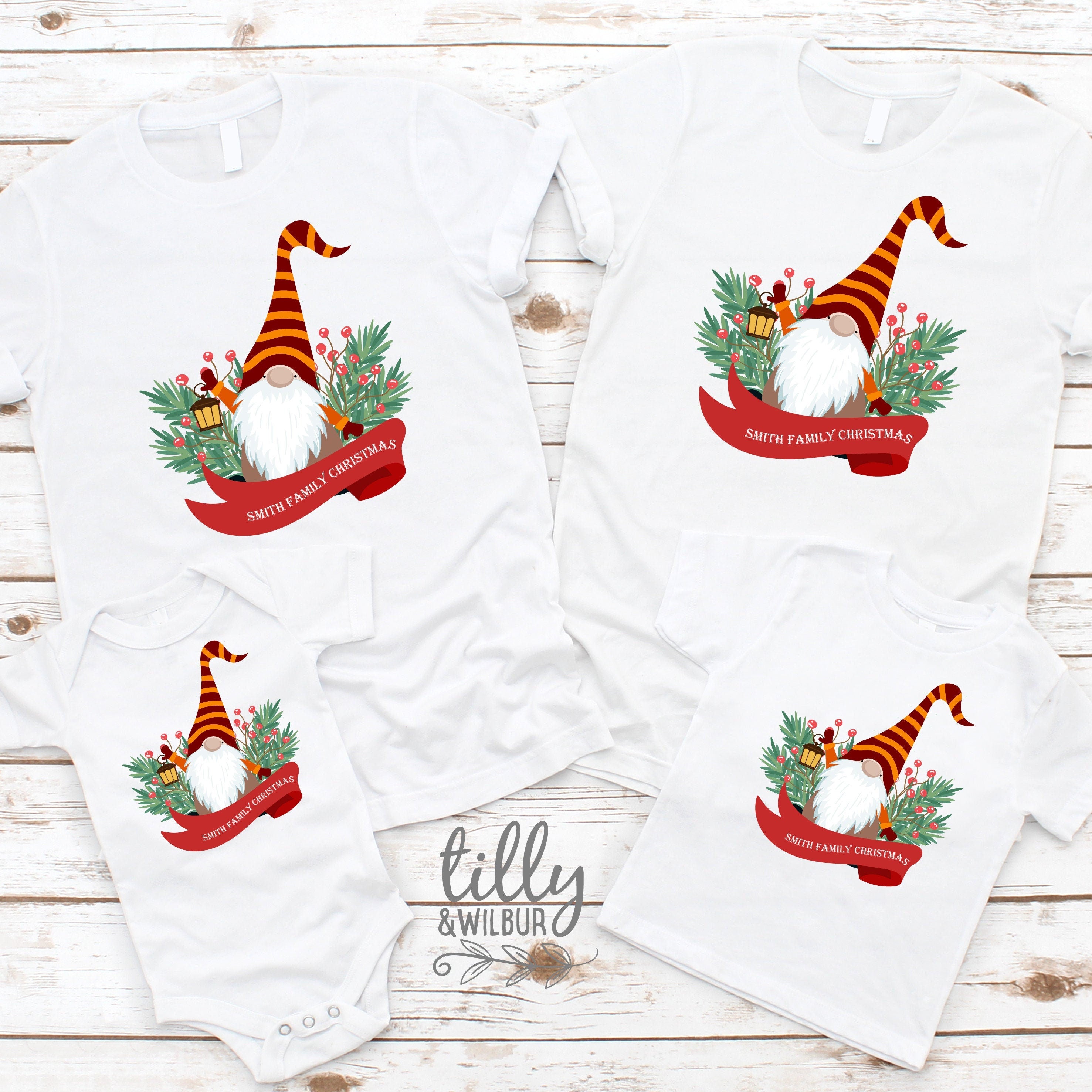 Custom Surname Gnome Family Christmas T-Shirts - Personalized Holiday Matching Outfits (Multiple Colors Available) | Perfect for Family Photos, Christmas Parties & Festive Gift Giving