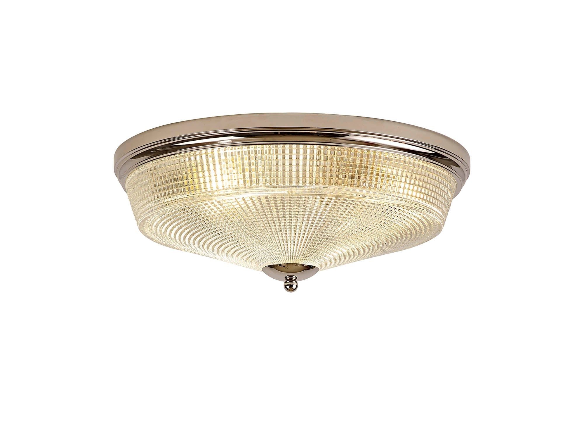 Cleron 2-Light E27 Flush Mount Ceiling Light Fixture - Antique Brass, Satin Nickel, Polished Nickel Finish with Prismatic Glass Shade - Perfect for Bedroom, Living Room, and Hallway Lighting