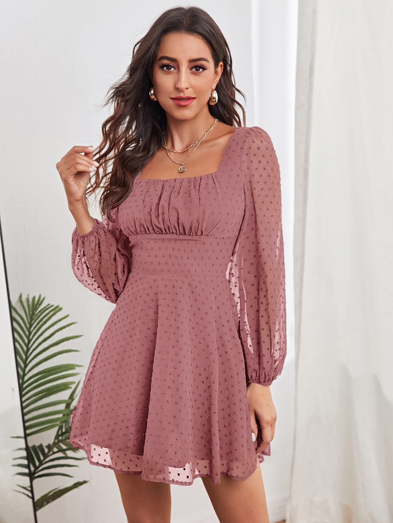 FCHUI Women's Ruched Bust Lantern Sleeve Swiss Dot Dress - Dusty Pink XS | Elegant Party, Wedding Guest & Summer Casual Wear