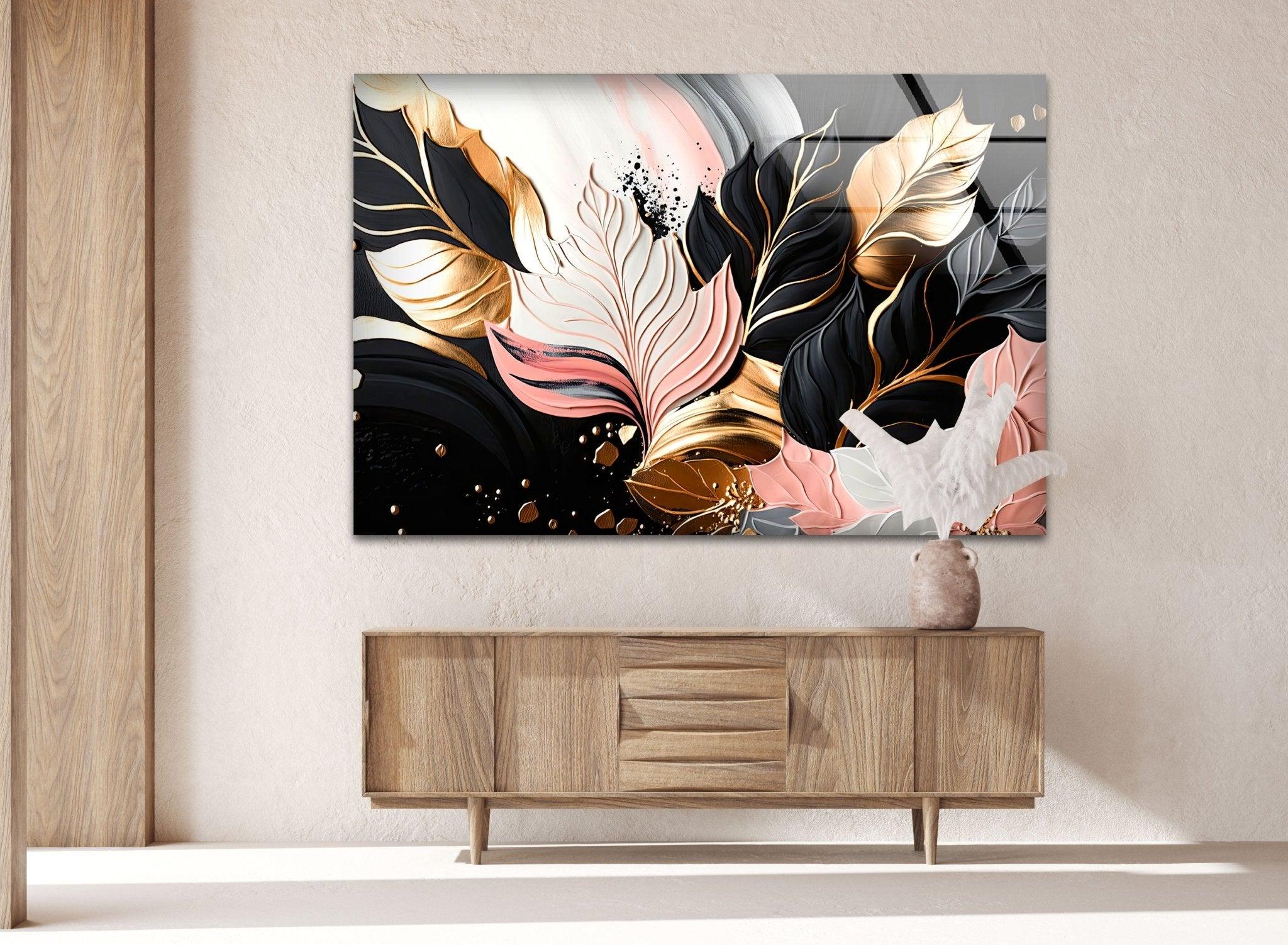 Abstract Pink Gold Leaf Glass Wall Art - Modern Home Decor for Living Room, Bedroom & Office - Elegant Handmade Artwork for Gifts & Interior Design
