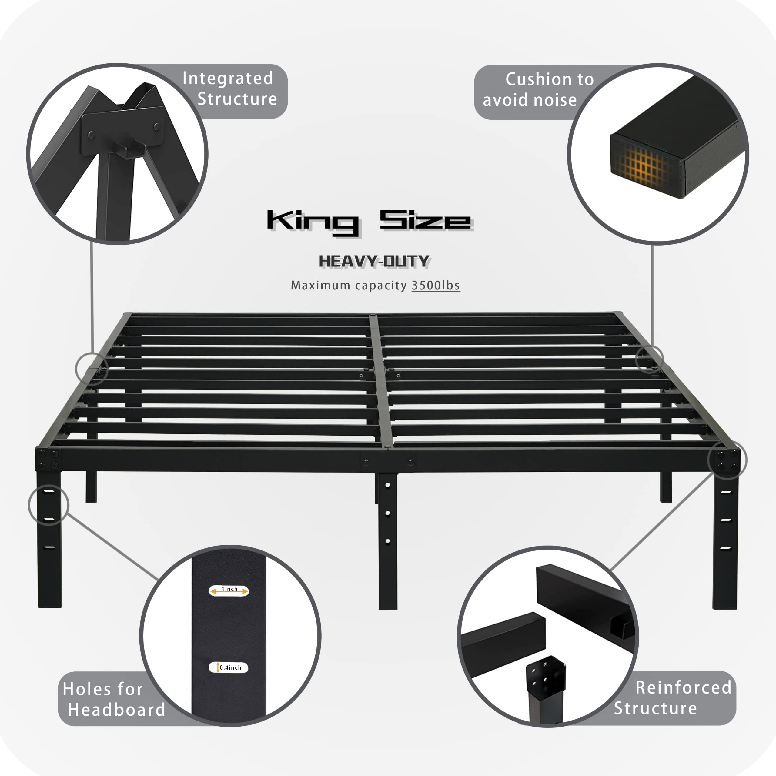 14 Inch King Size Bed Frame - Heavy Duty Steel Slat Support for 3500 lbs, Noise-Free Metal Platform Bed with Easy Assembly, No Box Spring Required - Perfect for Master Bedroom, Guest Room & Dorm (Black)