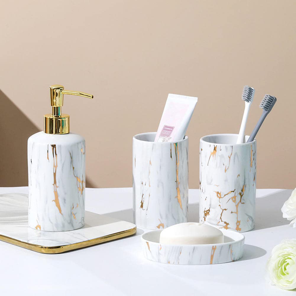 Premium 4-Piece Ceramic Bathroom Accessory Set - Marble Design Soap Dispenser, Toothbrush Holder, Tumbler & Tray - Elegant Bathroom Decor for Modern Homes & Luxury Hotels