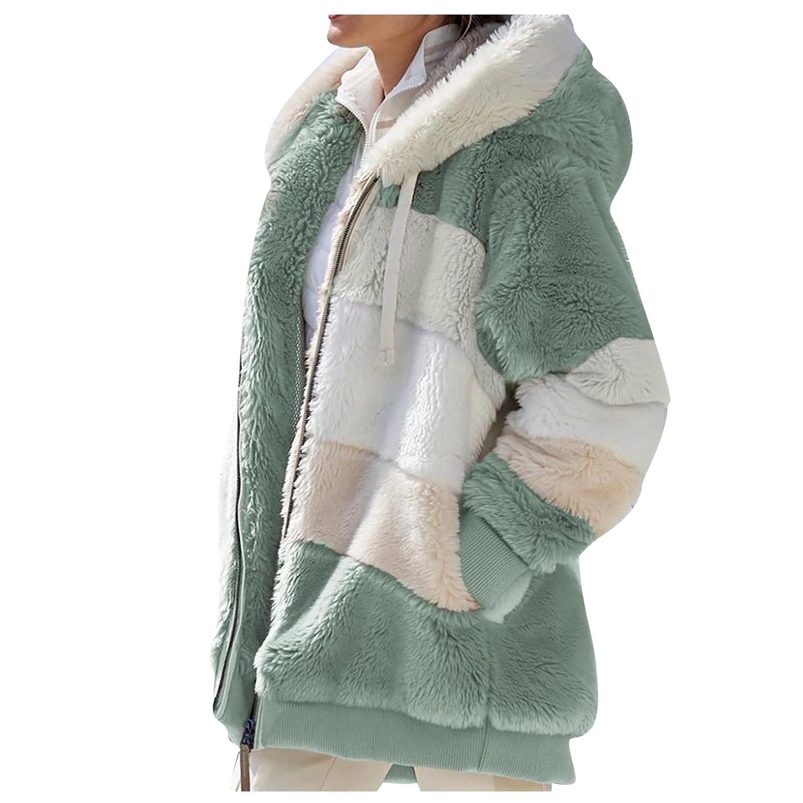 ZEFOTIM Plus Size Winter Coats for Women - Fashionable Spliced Loose Plush Long Sleeve Hooded Jacket with Zipper Pockets | Warm Outerwear for Cold Weather, Snow Days & Winter Fashion