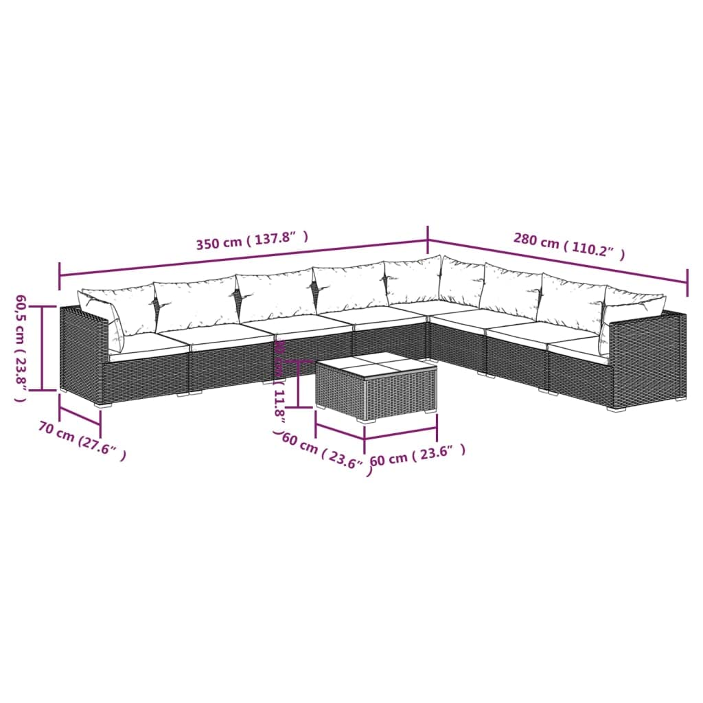 vidaXL 9-Piece PE Rattan Patio Lounge Set with Cushions - Durable Outdoor Furniture Set in Brown/Green - Perfect for Backyard, Poolside & Garden Relaxation