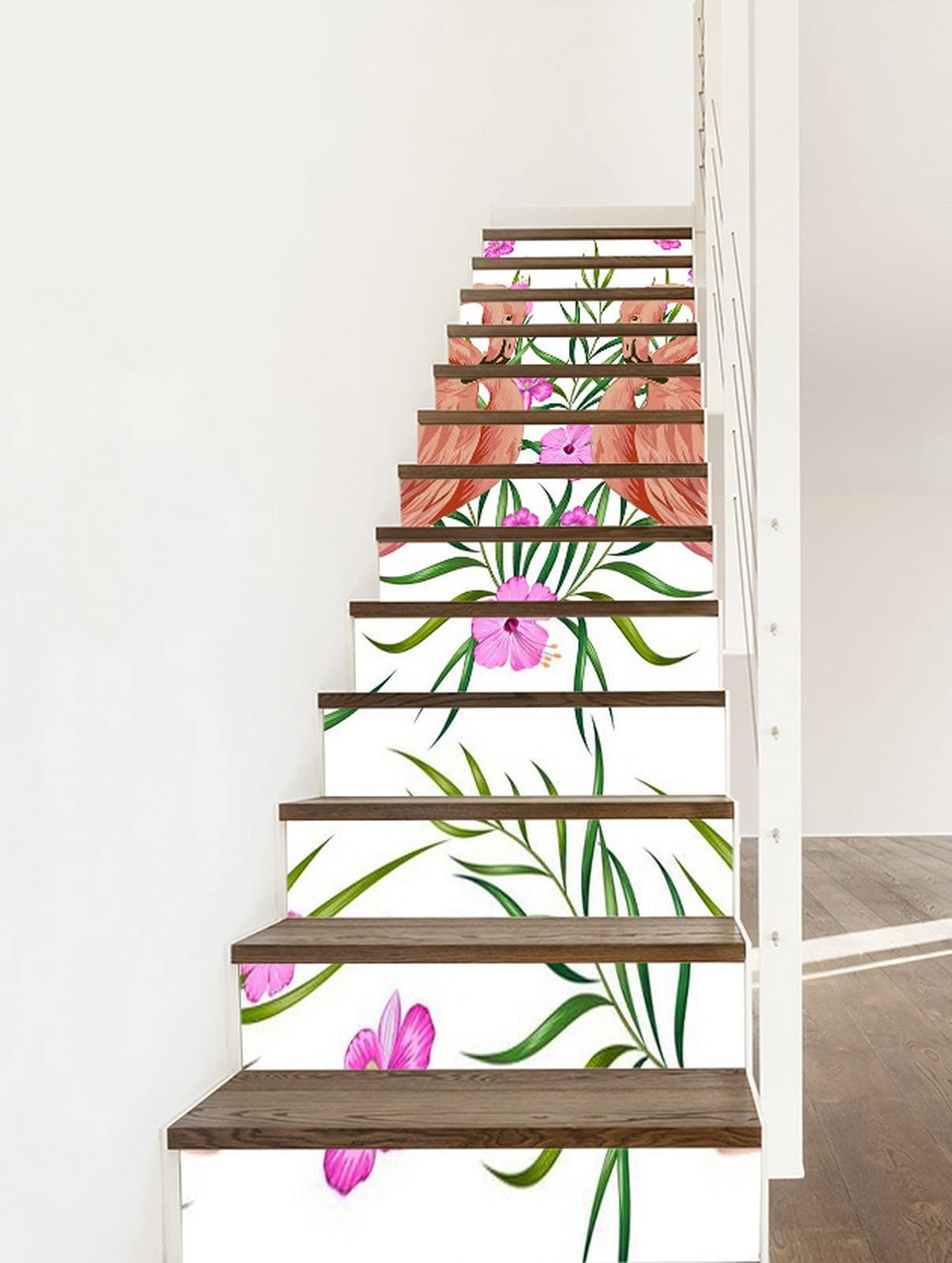 3D Self-Adhesive Removable Flamingo Stair Decals - Pink Tropical Birds & Leaves Vinyl Stickers for Stair Risers, Kitchen Tiles, Walls - 13-Piece Set - Perfect for Home Decor, Nursery, Bathroom & Office Spaces
