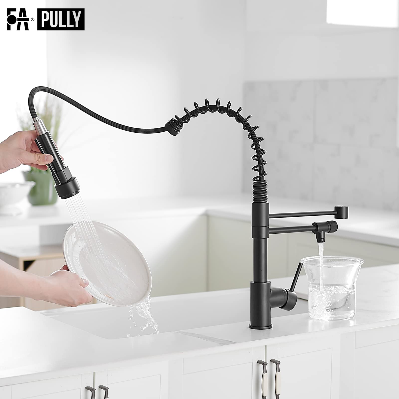 Black 3-Way Kitchen Faucet with Pull-Down Sprayer, Commercial Sink Faucet with Drinking Water Filter & Cold Pot Filler, Ideal for Home Kitchens & Restaurants