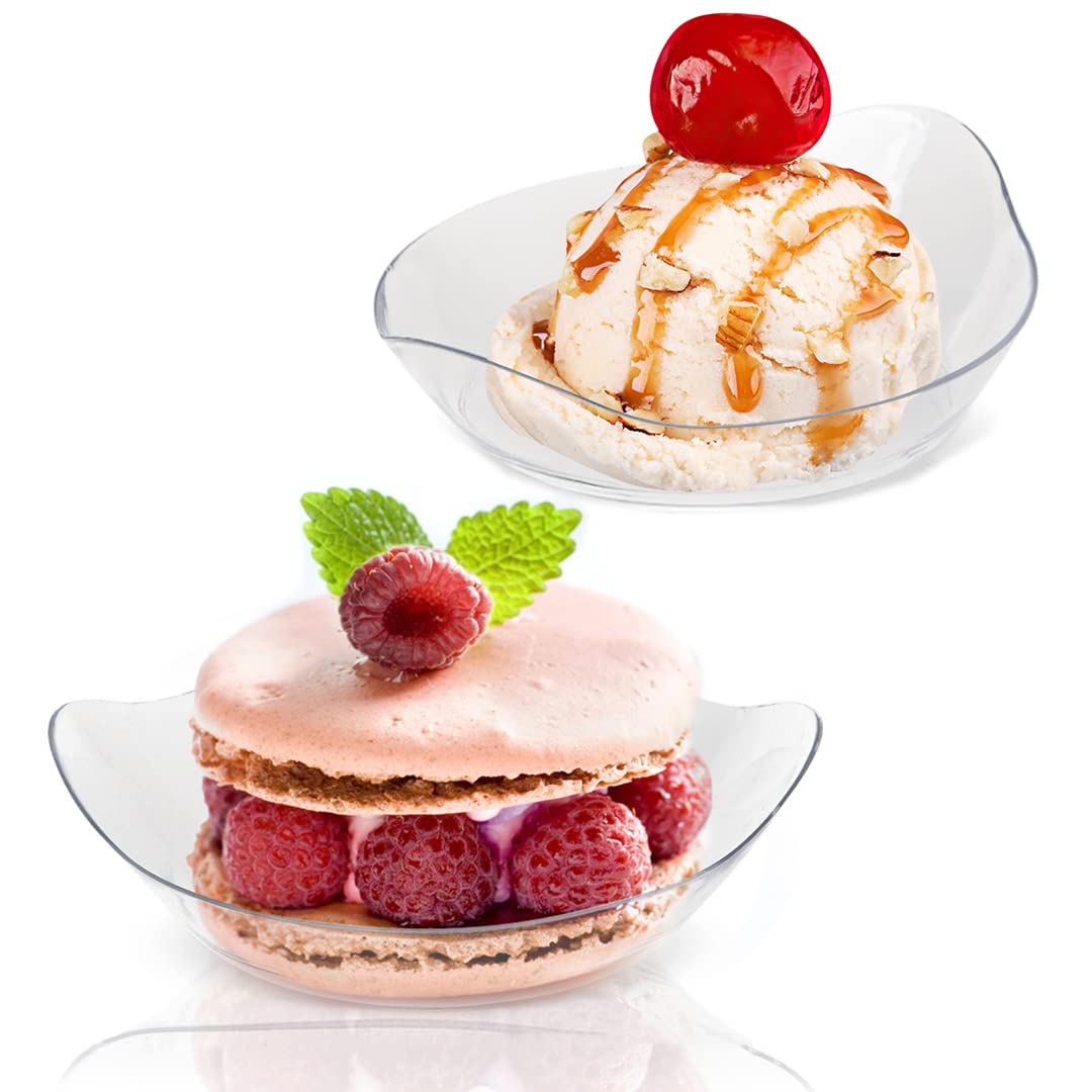 TOFLEN 100-Pack Mini Dessert Plates with Tasting Spoons - 3.1 x 2.6 Inch Small Clear Plastic Appetizer Plates - Reusable Leaf-Shaped Hors D'oeuvres Serving Dishes for Parties, Weddings, and Catering Events