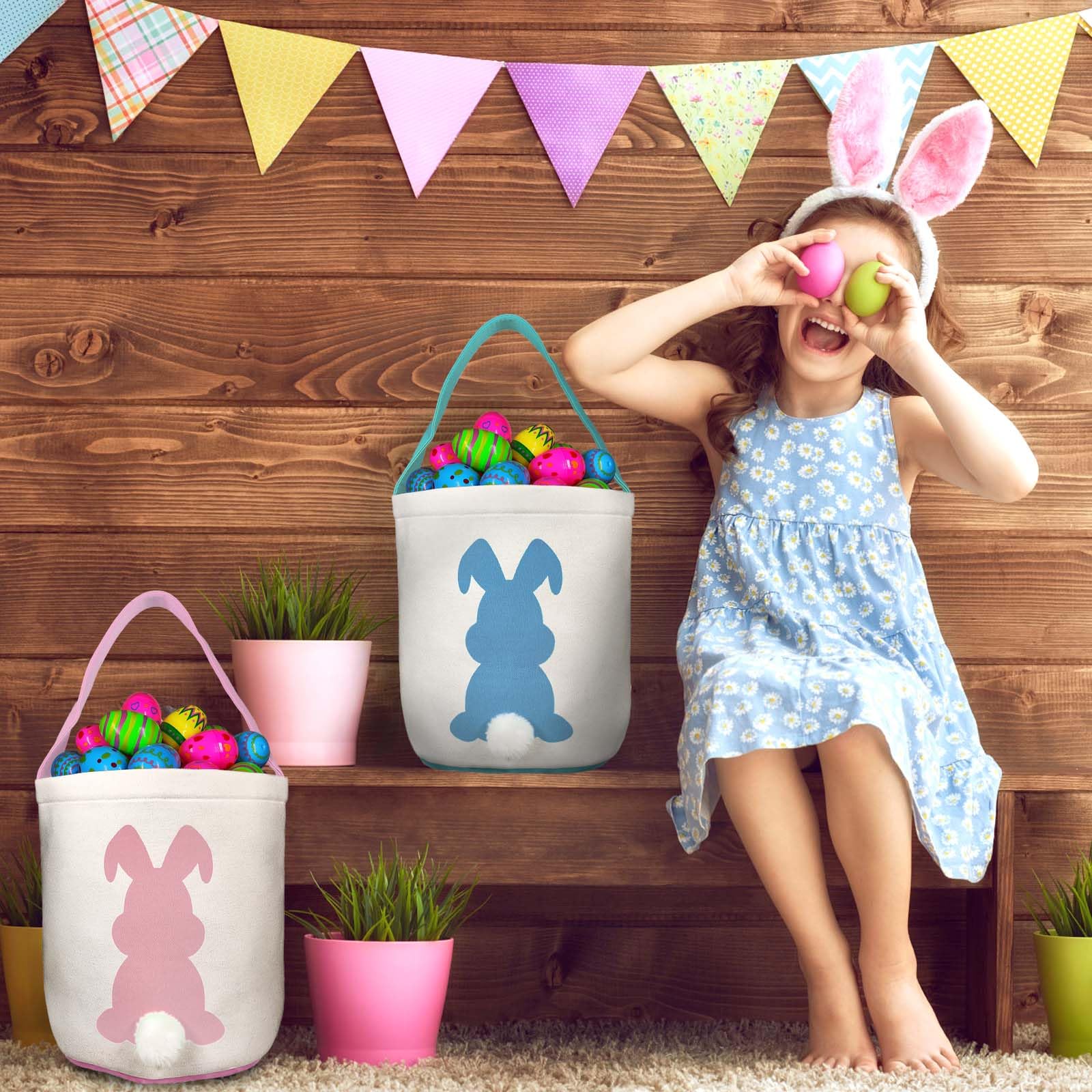 3 Pack Canvas Easter Baskets for Kids - Large Easter Egg Hunt Basket with Tote for Boys & Girls - Bunny Themed Easter Party Favors & Decorations - Perfect for Easter Egg Hunts, Spring Celebrations & Gift Giving