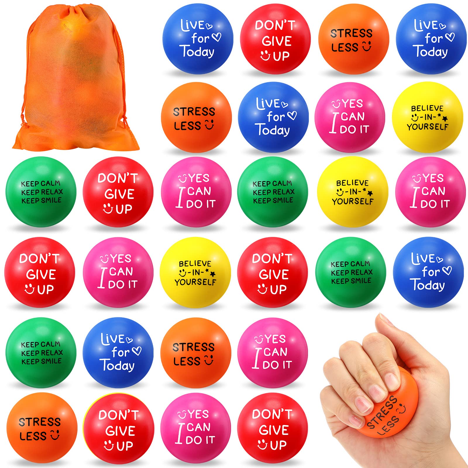 60 Pack Motivational Stress Relief Balls - 1.97 Inch Inspirational Hand Exercise Squeeze Balls for Adults & Teens - Colorful Foam Anxiety Relief Toys with Uplifting Quotes (Multi-Colored) - Perfect for Office, Classroom, Therapy & Home Relaxation