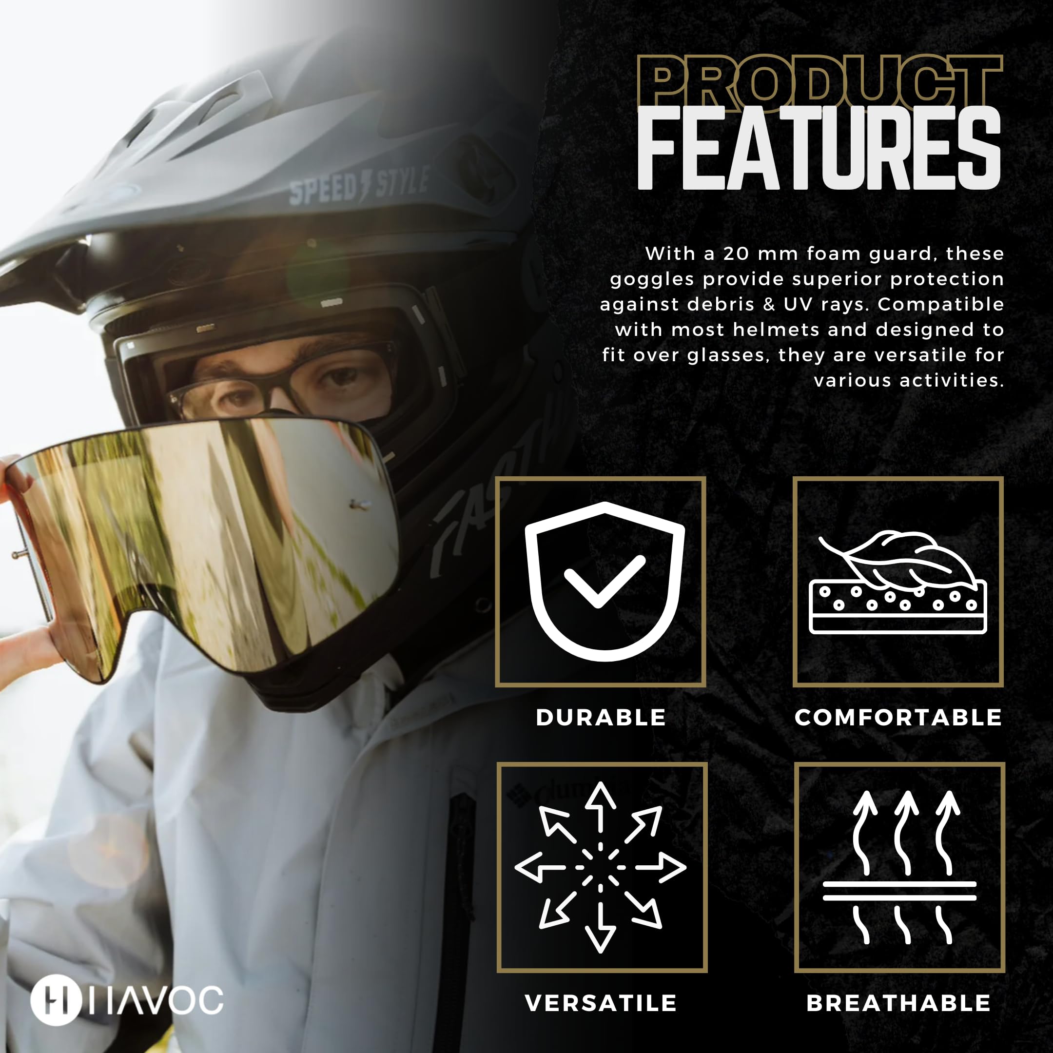 Havoc Racing Magnetic Frameless Goggles - UV Protection Anti-Fog Motocross Goggles for Dirt Biking, Snowboarding, ATV & UTV - Perfect for Off-Road Adventures and Extreme Sports