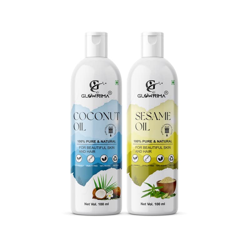 Glowrima 100% Pure Coconut Oil & Sesame Oil Combo (100ML Each) - Natural Hair Growth Treatment for Stronger, Shinier Hair | Reduces Hair Fall & Split Ends | Pack of 2 | Perfect for Daily Hair Care & Scalp Massage
