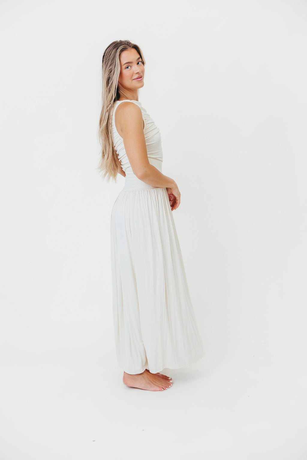 Leni Maxi Dress for Women - Elegant Cream Long Flowy Dress with Side Slits | Perfect for Summer, Beach, Weddings & Casual Outings