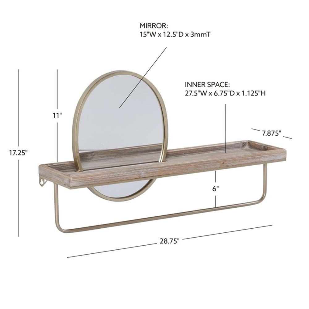 Linon Lila Gold Wall Shelf with Mirror - Wood and Metal Floating Shelf for Bathroom, Bedroom, or Entryway Decor - Stylish Storage Solution for Small Spaces