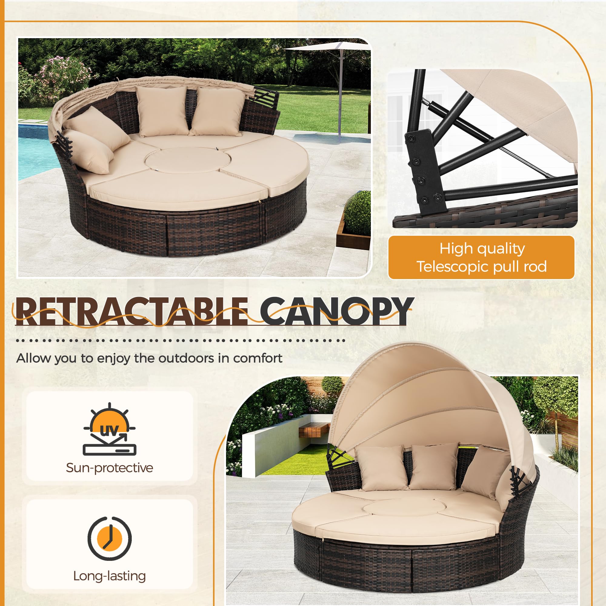 Outdoor Patio Round Daybed with Retractable Canopy - Adjustable Clamshell Sectional Wicker Furniture Set with Washable Cushions - Perfect for Backyard, Porch, Garden & Poolside Lounging - Brown