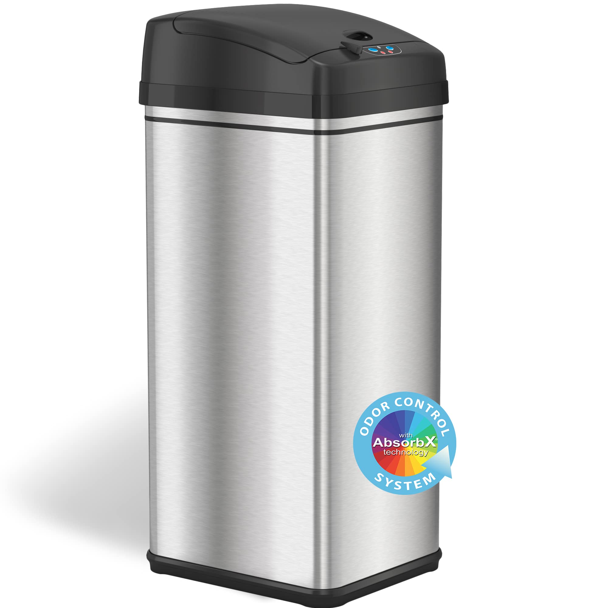 iTouchless 13 Gallon Automatic Trash Can with Odor-Absorbing Filter & Lid Lock - Battery or AC Adapter Powered (Batteries Not Included) - Black/Stainless Steel - Perfect for Kitchen, Bathroom & Office Waste Disposal