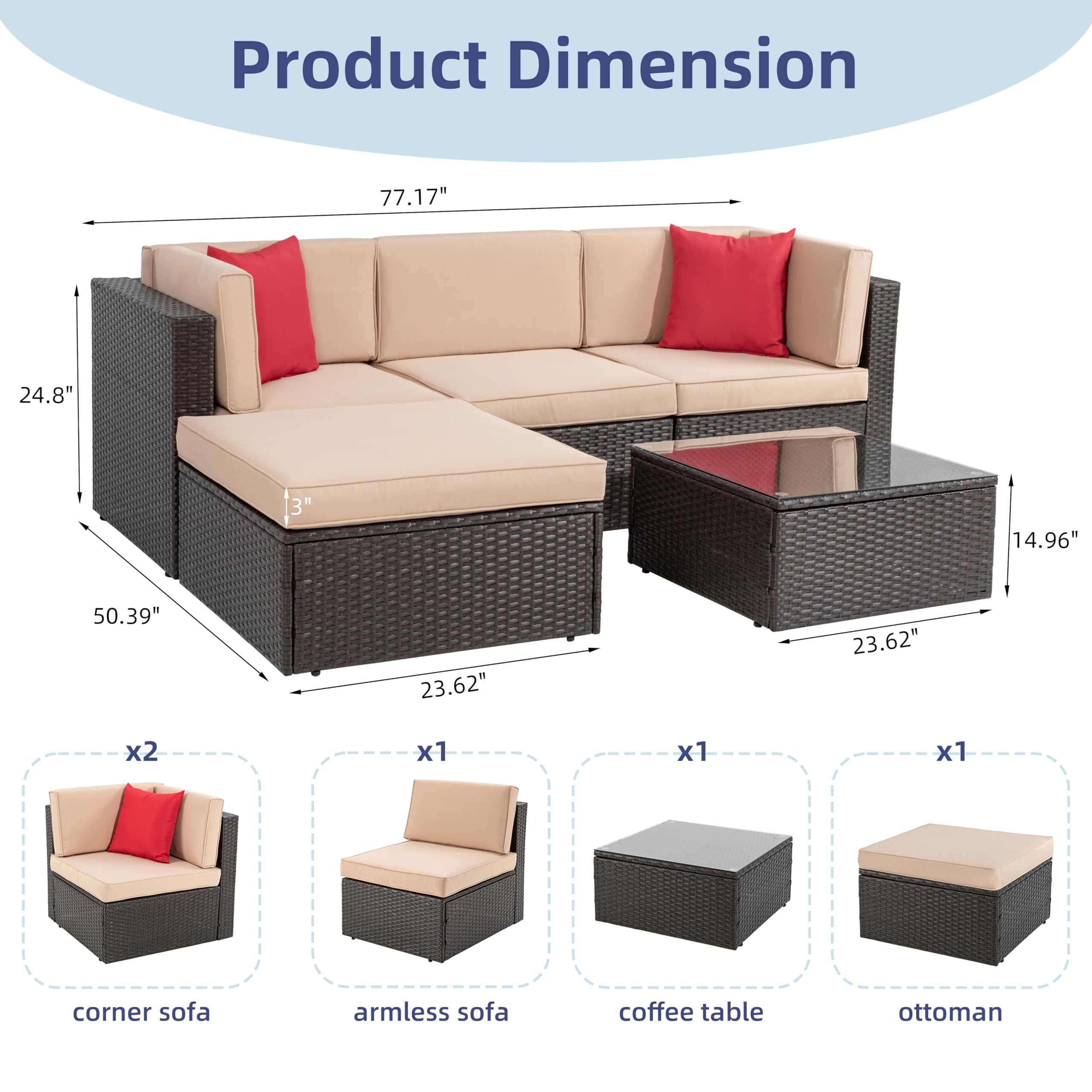 5-Piece All-Weather Brown PE Wicker Outdoor Patio Furniture Set - Garden Conversation Sectional Sofa with Ottoman, Glass Table & Red/Beige Pillows - Perfect for Backyard, Poolside & Terrace Relaxation
