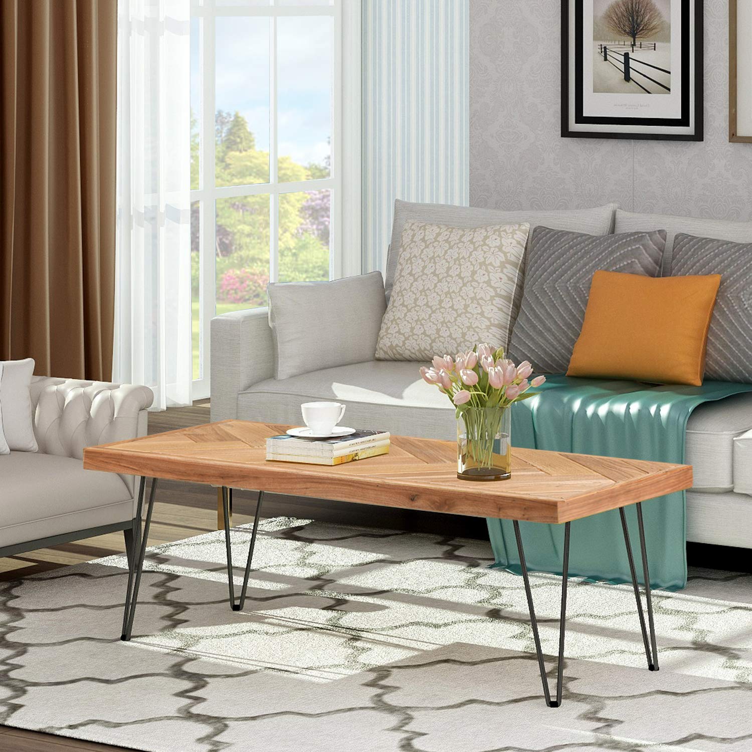Modern Industrial Coffee Table - Easy Assembly Metal Cocktail Table with Glossy Finish for Living Room, Lounge, or Office (Nature Rough) - Perfect for Entertaining, Relaxing & Stylish Home Decor