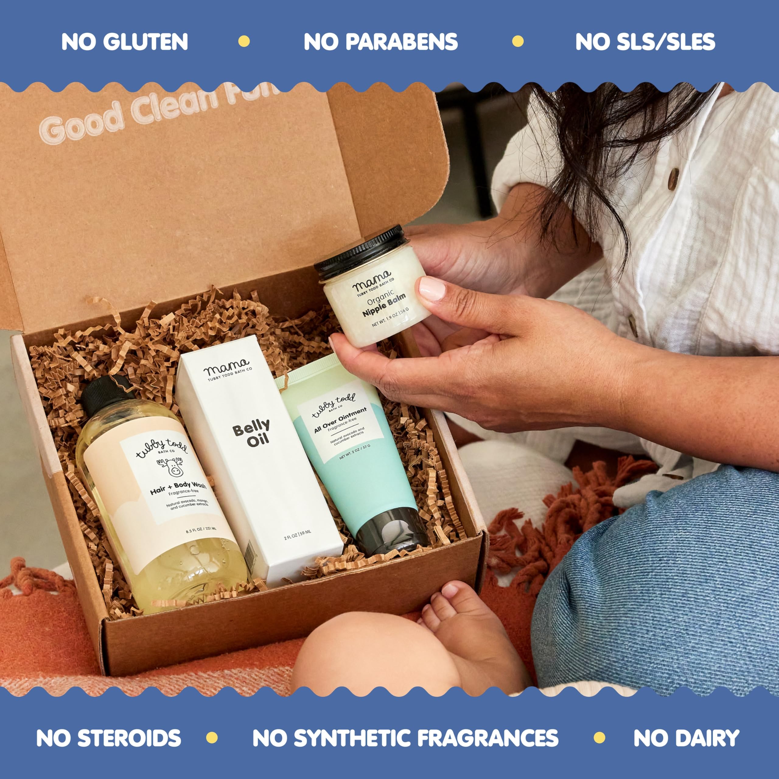 Tubby Todd Sensitive Skincare Gift Set for New Moms & Babies - Fragrance-Free Baby Shampoo & Body Wash 8.5oz, All Over Ointment 2oz, Belly Oil 2oz & Nipple Balm 1.9oz - Perfect for Baby Showers, Newborn Care & Postpartum Recovery