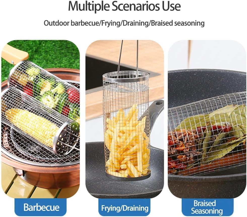 Stainless Steel Rolling Grill Basket for Outdoor BBQ - Portable Round Grilling Grate for Vegetables, French Fries, Fish - Perfect for Camping, Picnics & Backyard Barbecues