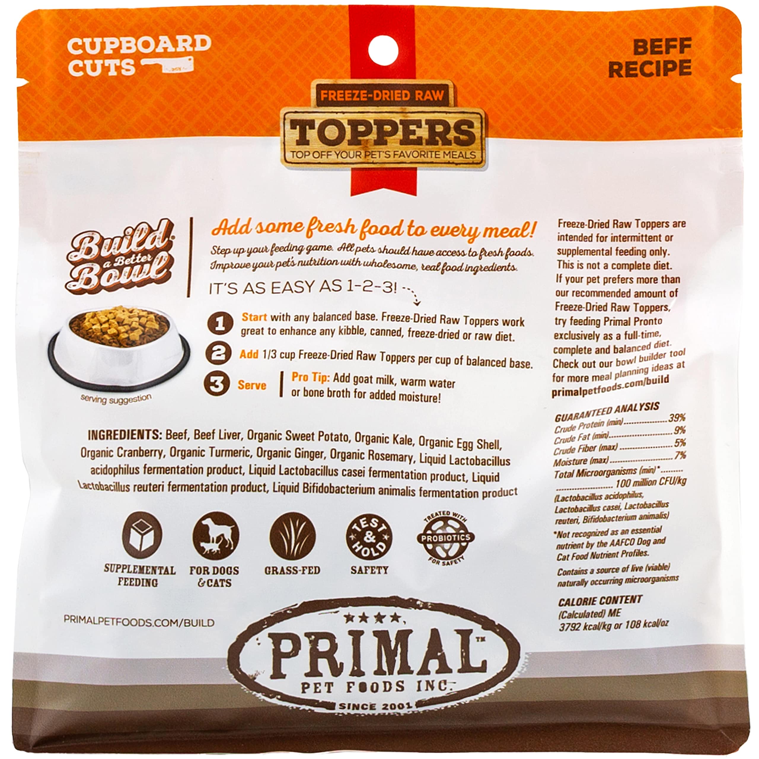 Premium Grain-Free Primal Dog & Cat Food Toppers - Freeze-Dried Raw Beef Meal Mixers with Probiotics for Digestive Health | Ideal for Training, Picky Eaters & Daily Nutrition Boost (3.5 oz) | Perfect for Kibble Enhancement, Treat Rewards & Sensitive Stomachs