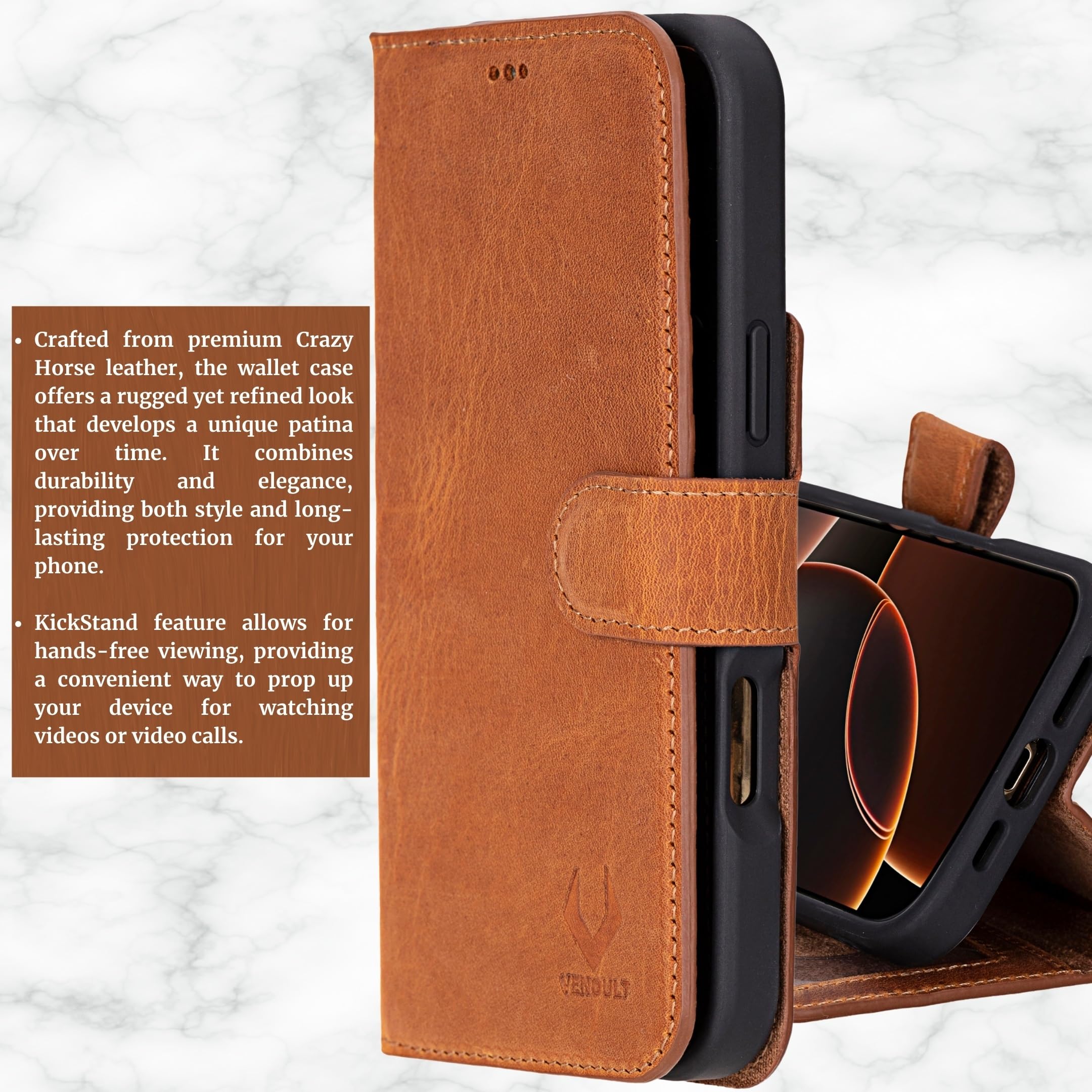 VENOULT Magnetic Wallet Case for iPhone 13/14/15 Pro MAX & Plus - Slim RFID Blocking Leather Card Holder with Magsafe Compatibility (Almond Brown, 6.1