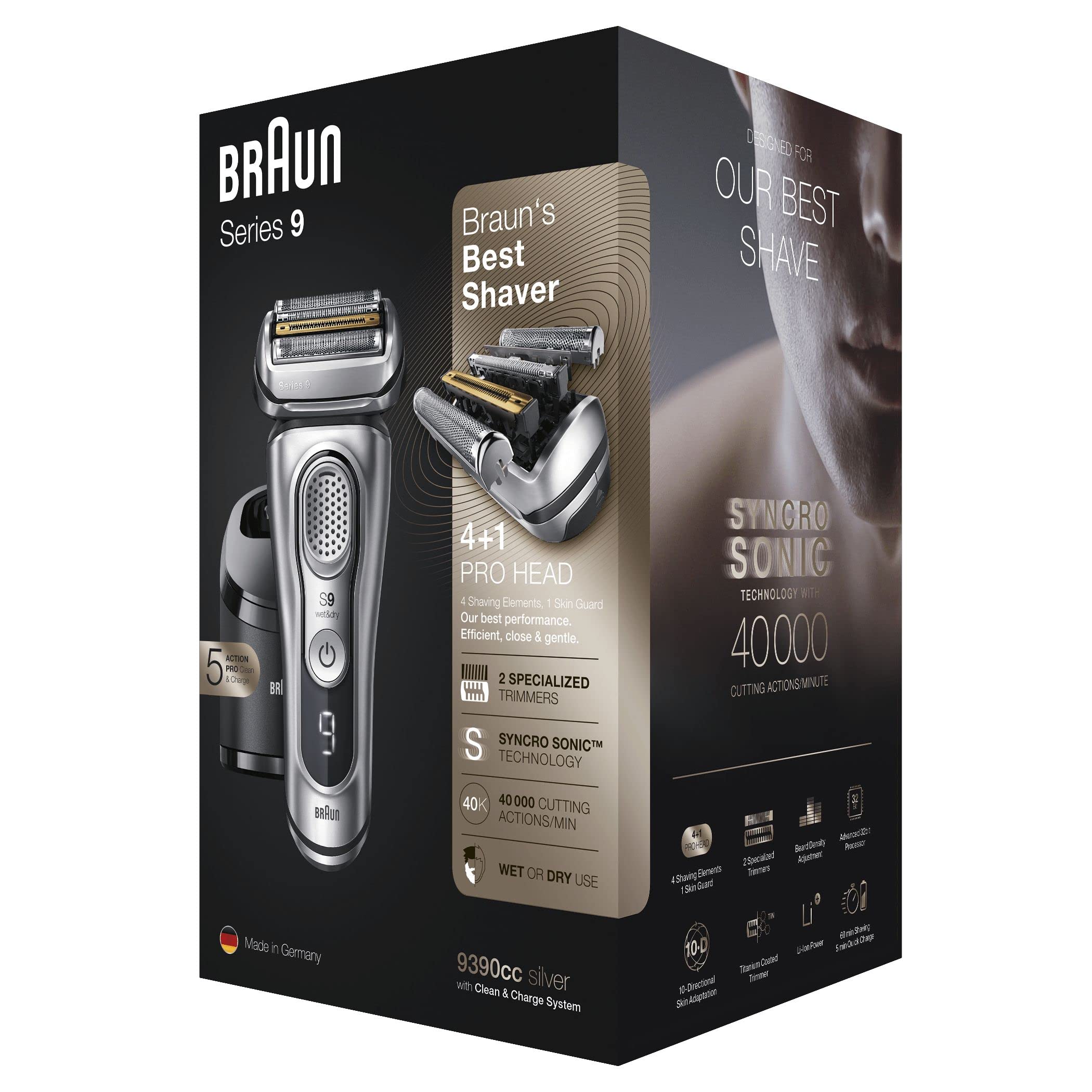 Braun Series 9 Electric Shaver for Men with Clean & Charge Station, Leather Case - 100% Waterproof, 2 Pin Bathroom Plug, Flawless Shaving - Perfect Gift for Dad, Husband, Boyfriend (Model 9390cc, Silver) - Ideal for Travel, Home Use & Wet/Dry Shaving